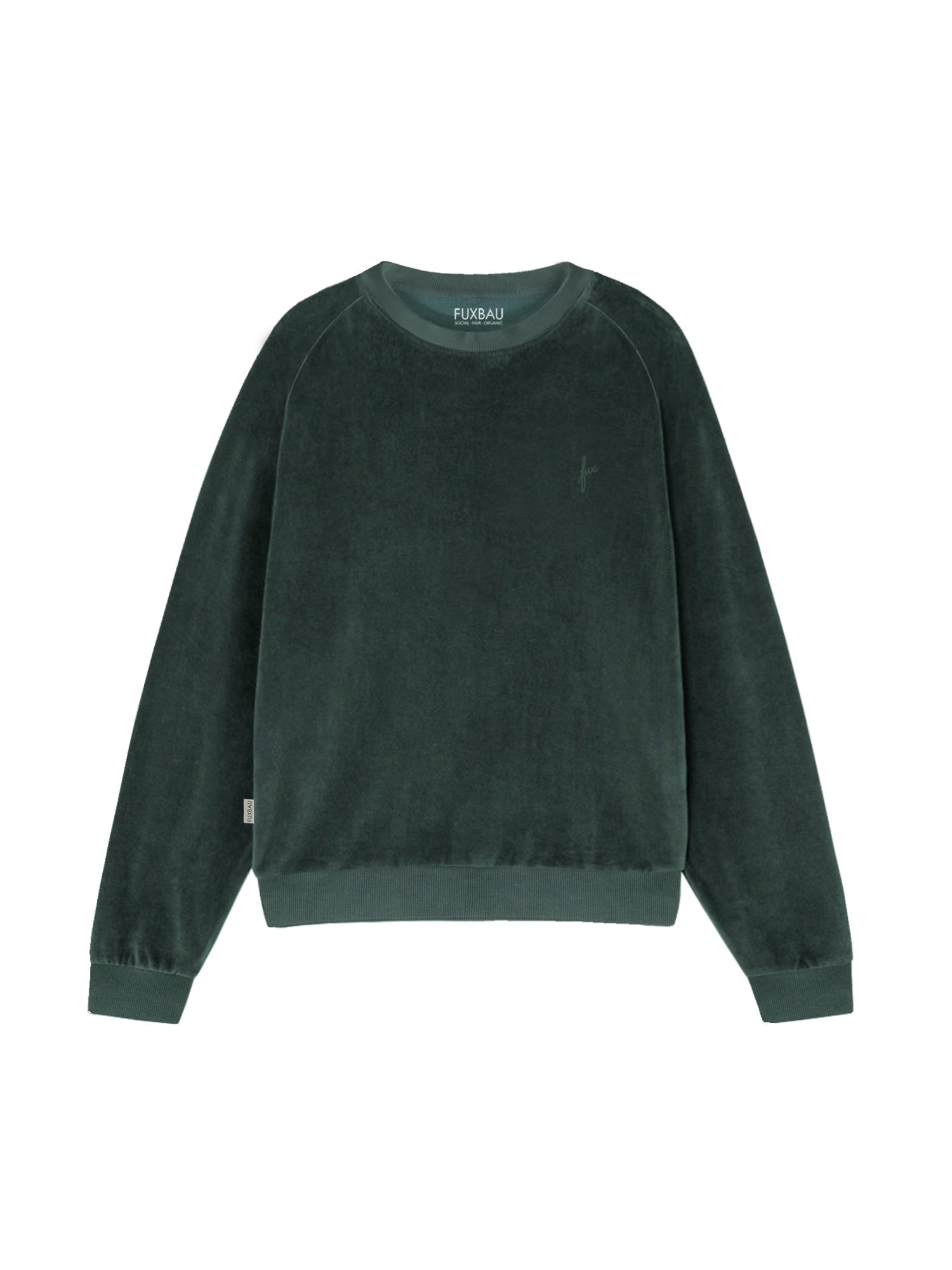 Fair Fashion FUXBAU Frauen Samt Sweater in grün aus 100% GOTS zertifizierter Biobaumwolle made in Portugal.