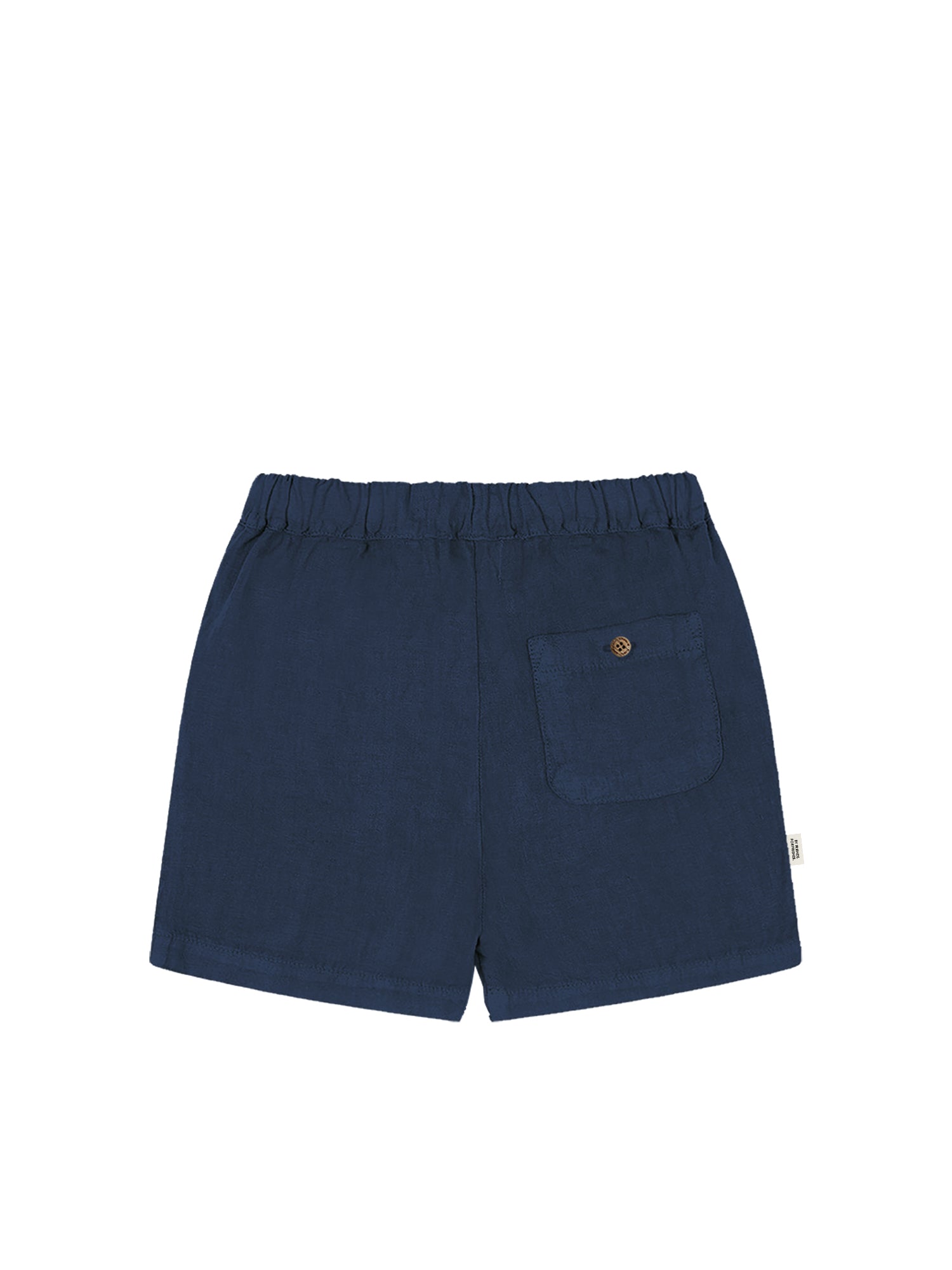 Produktrückseite unserer FUXBAU Fair Fashion Männer Leinenshorts in navy aus 100% Leinen und fair hergestellt in Portugal