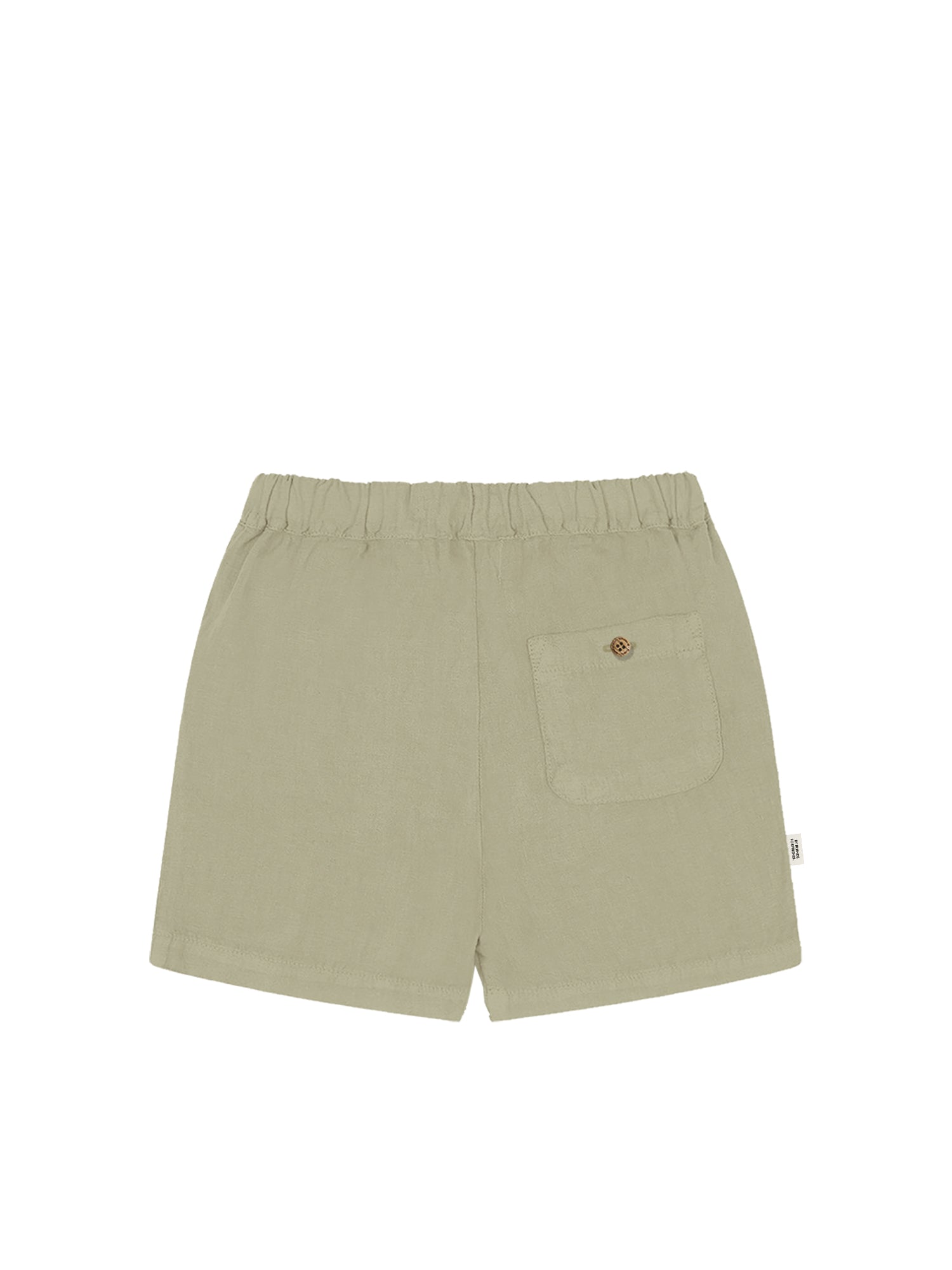 Produktrückseite unserer FUXBAU Fair Fashion Männer Leinenshorts in salbei aus 100% Leinen und fair hergestellt in Portugal