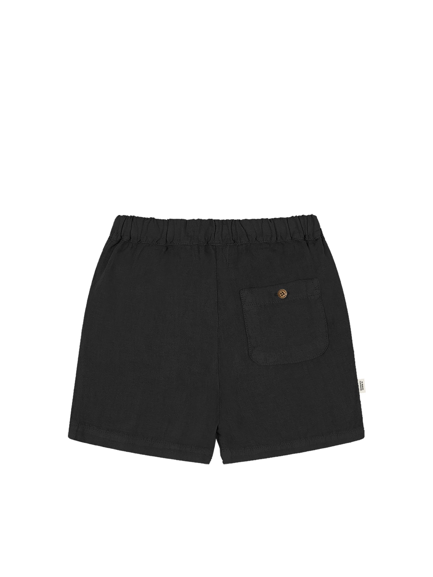 Produktrückseite unserer FUXBAU Fair Fashion Männer Leinenshorts in schwarz aus 100% Leinen und fair hergestellt in Portugal