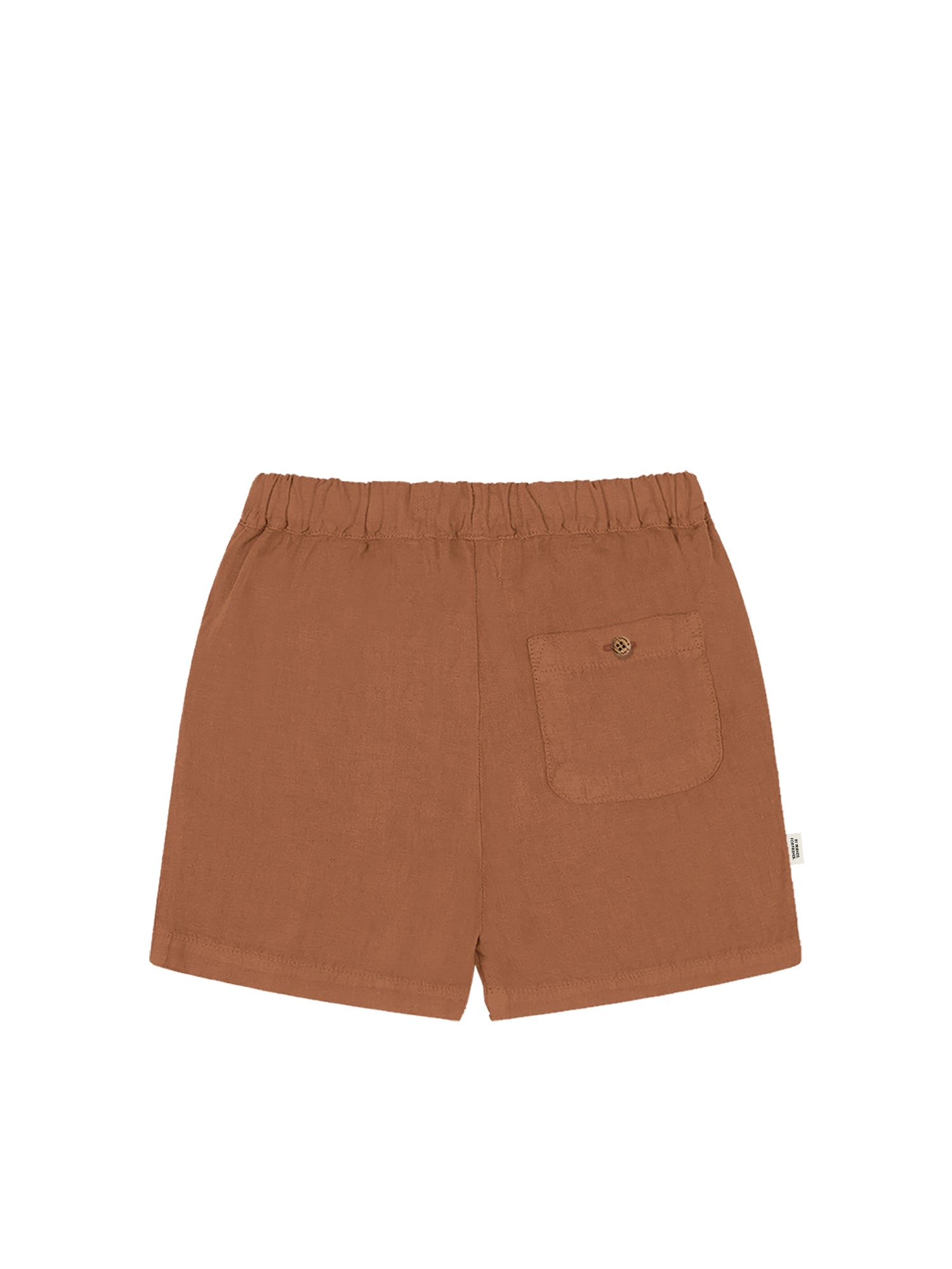 Produktrückseite unserer FUXBAU Fair Fashion Männer Leinenshorts in sienna aus 100% Leinen und fair hergestellt in Portugal