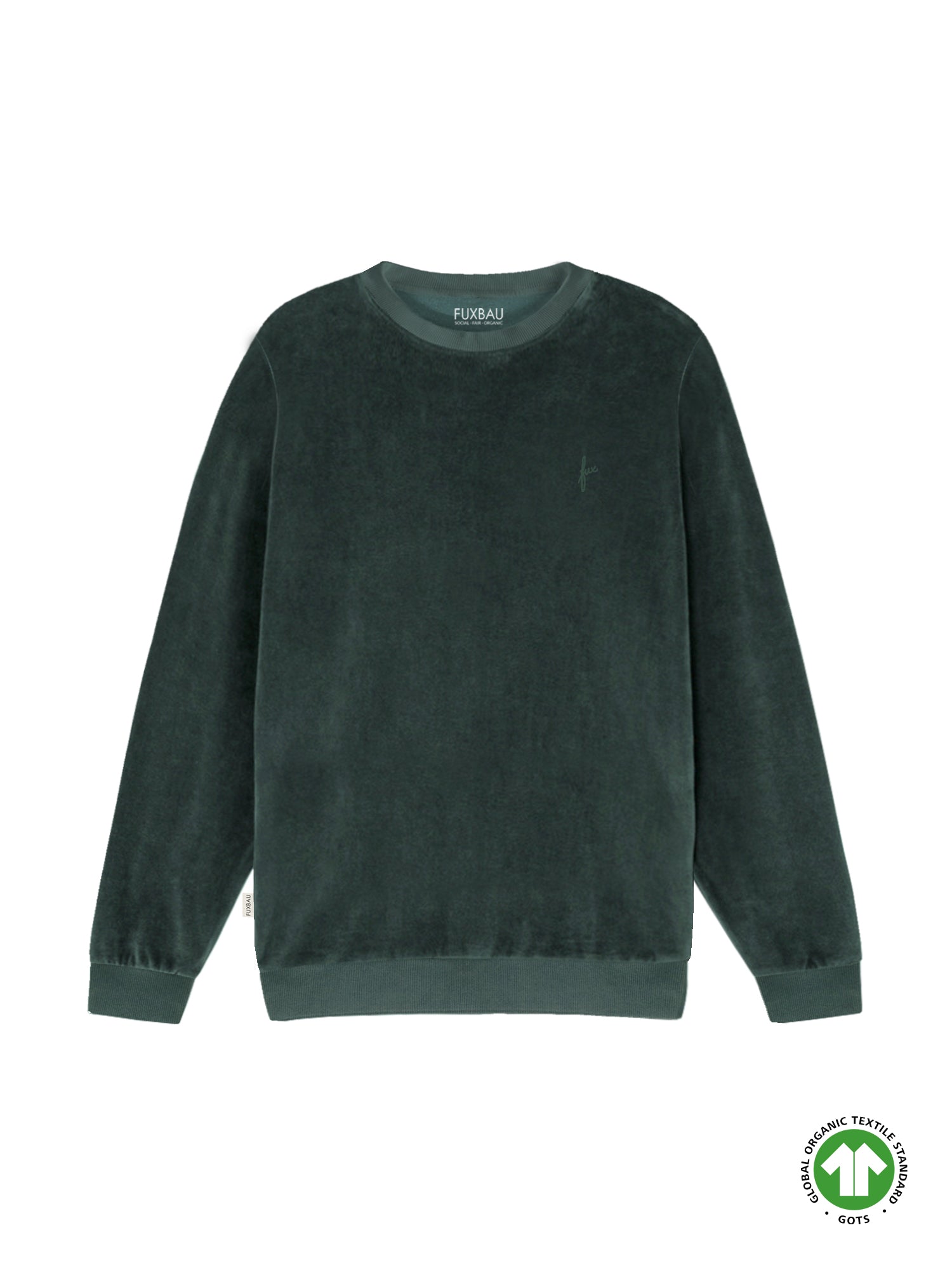 Fair Fashion FUXBAU Männer Samt Sweater in grün aus 100% GOTS zertifizierter Biobaumwolle made in Portugal.
