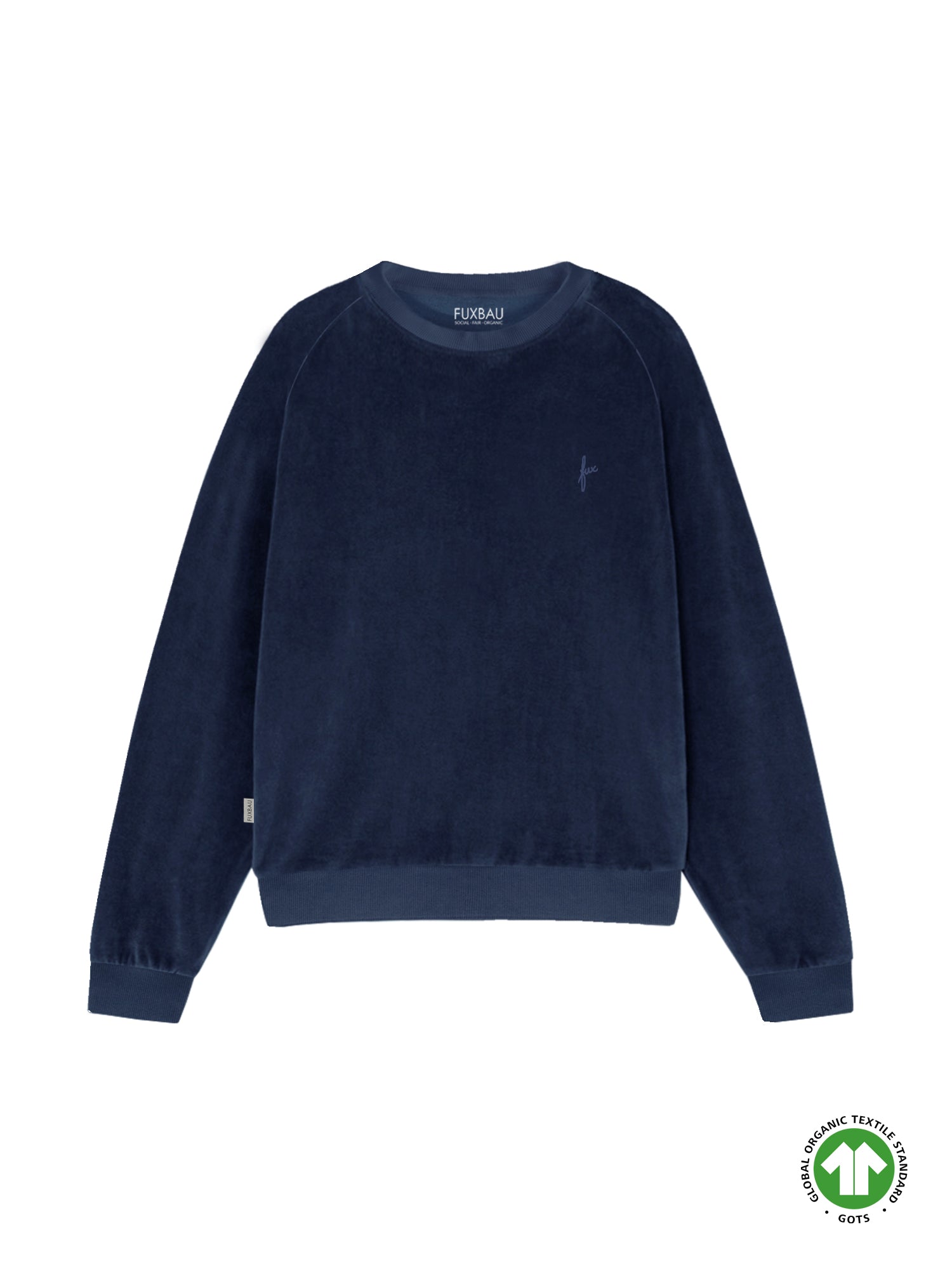 Fair Fashion FUXBAU Frauen Samt Sweater in navy aus 100% GOTS zertifizierter Biobaumwolle made in Portugal.