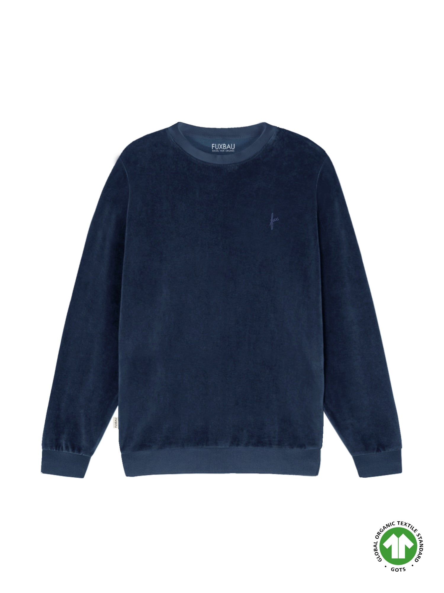 Fair Fashion FUXBAU Männer Samt Sweater in navy aus 100% GOTS zertifizierter Biobaumwolle made in Portugal.