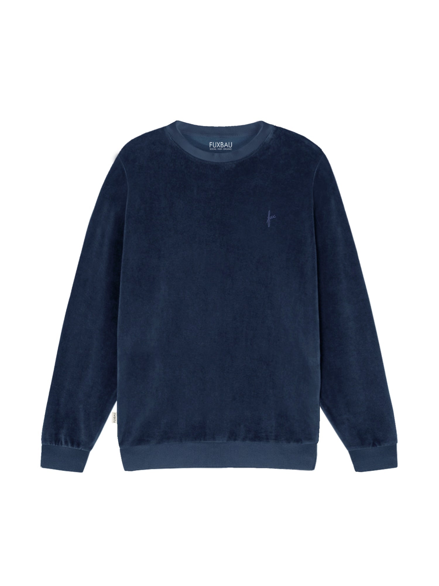 Fair Fashion FUXBAU Männer Samt Sweater in navy aus 100% GOTS zertifizierter Biobaumwolle made in Portugal.