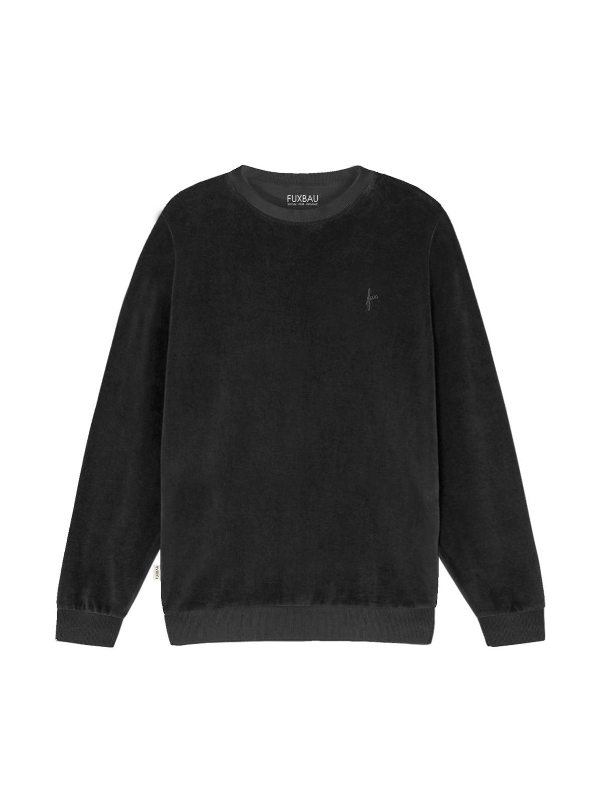 Fair Fashion FUXBAU Männer Samt Sweater in schwarz aus 100% GOTS zertifizierter Biobaumwolle made in Portugal.