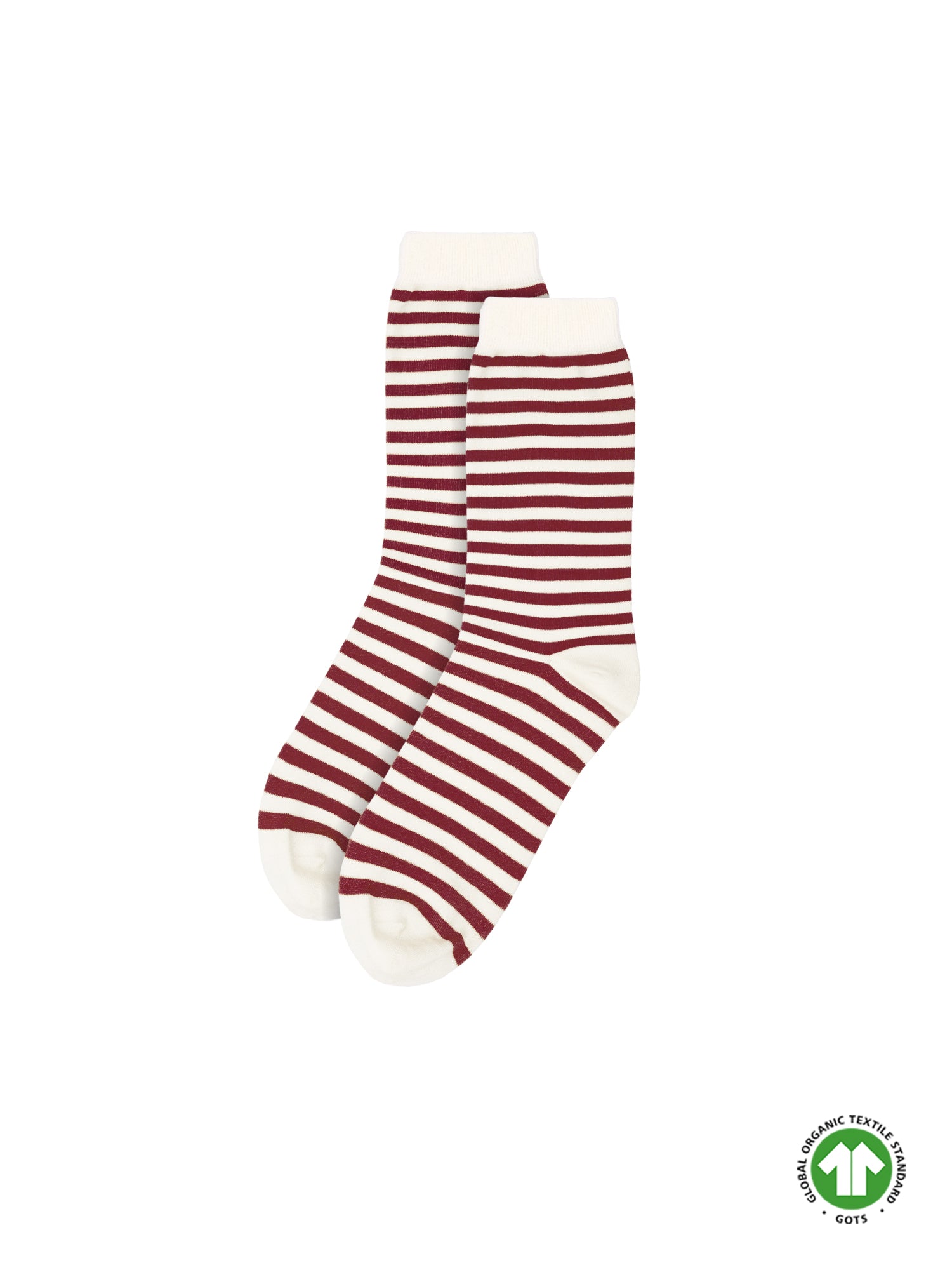 In Portugal hergestellte Streifensocken in creme bordeaux aus 100% GOTS zertifizierter Biobaumwolle