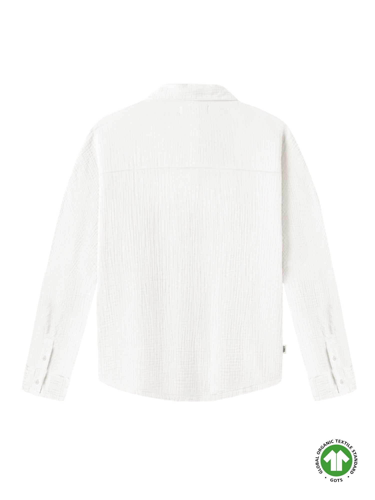 Rückseite einer nachhaltigen & fairen Frauen Musselinbluse in cremeweiss aus 100% GOTS zertifizierter Biobaumwolle und made in Portugal
