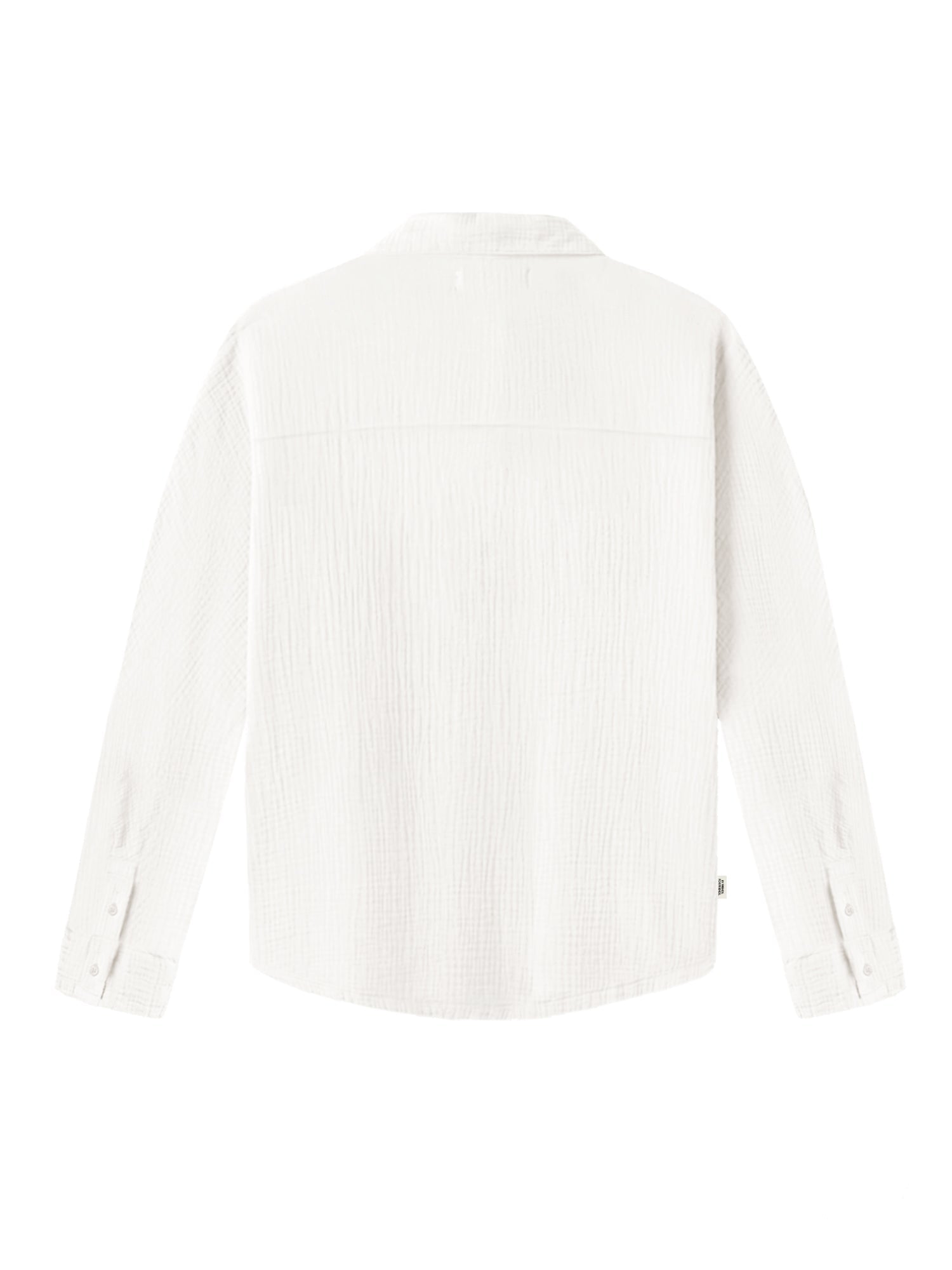 Rückseite einer nachhaltigen & fairen Frauen Musselinbluse in cremeweiss aus 100% GOTS zertifizierter Biobaumwolle und made in Portugal
