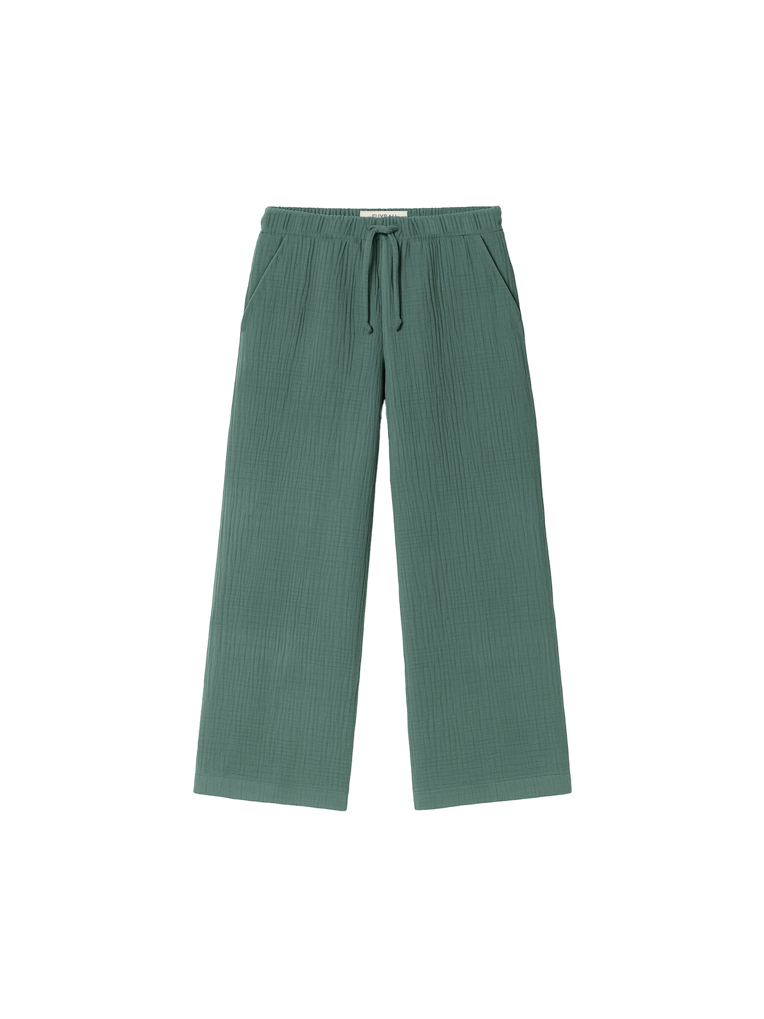 Nachhaltige Frauen Musselin Hose in grün, GOTS zertifiziert, fair in Portugal hergestellt und luftig angenehm zu tragen