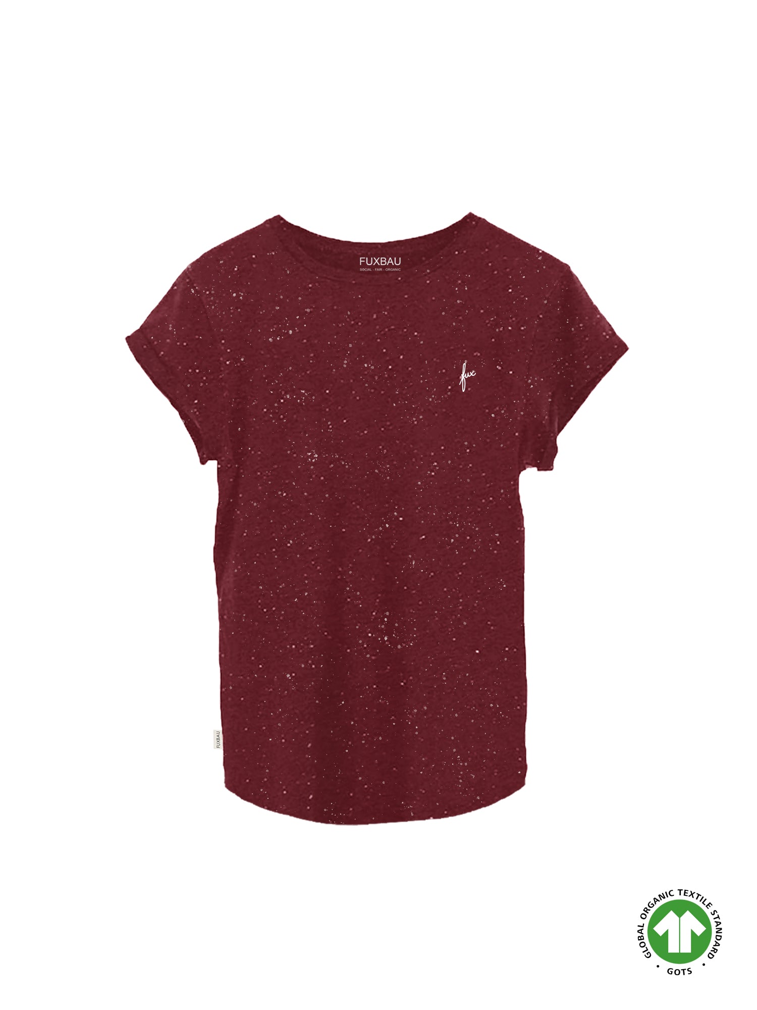 Nachhaltiges FUXBAU Fair Fashion Frauen T-Shirt in Bordeaux mit weißem fux Stick aus GOTS zertifizierter Biobaumwolle in bordeaux mit weißen punkten.