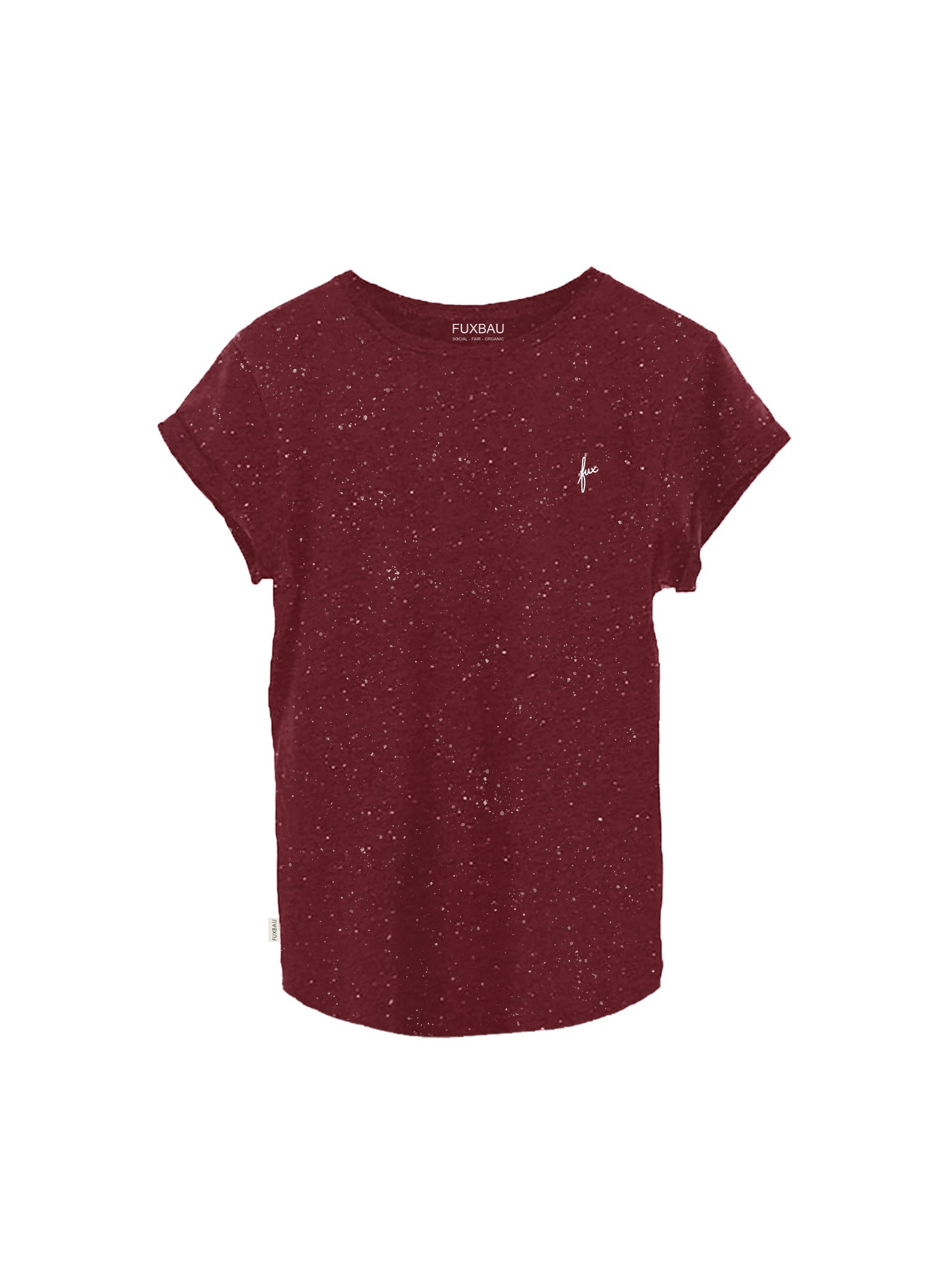 Nachhaltiges FUXBAU Fair Fashion Frauen T-Shirt in Bordeaux mit weißem fux Stick aus GOTS zertifizierter Biobaumwolle in bordeaux mit weißen punkten.