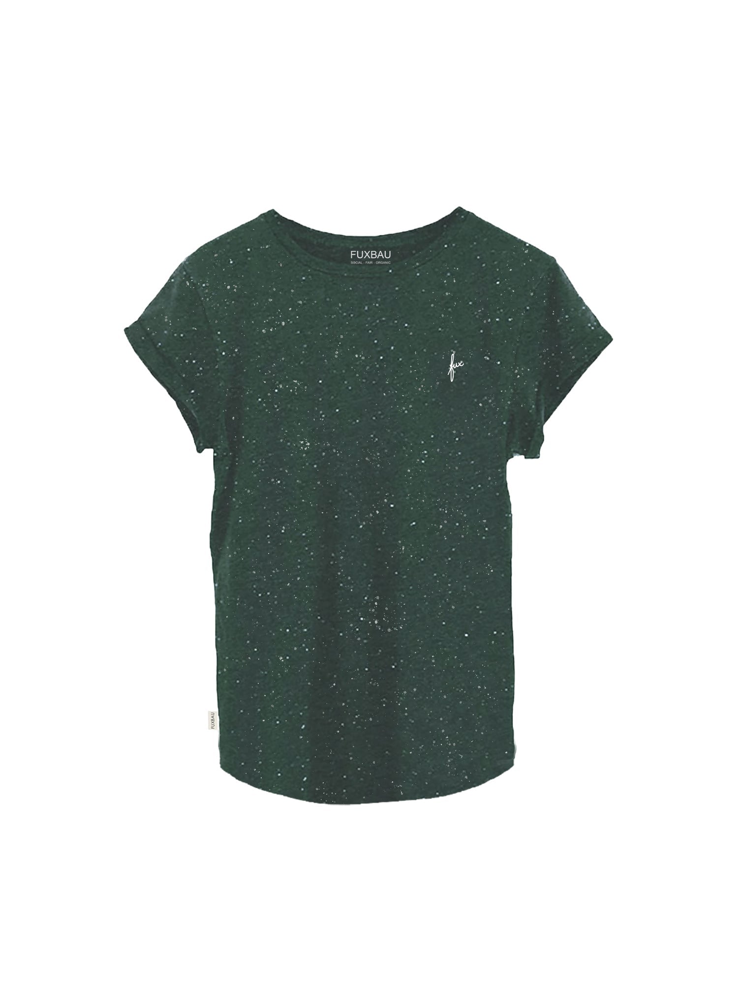 Nachhaltiges FUXBAU Fair Fashion Frauen T-Shirt in Bordeaux mit weißem fux Stick aus GOTS zertifizierter Biobaumwolle in grün mit weißen punkten.
