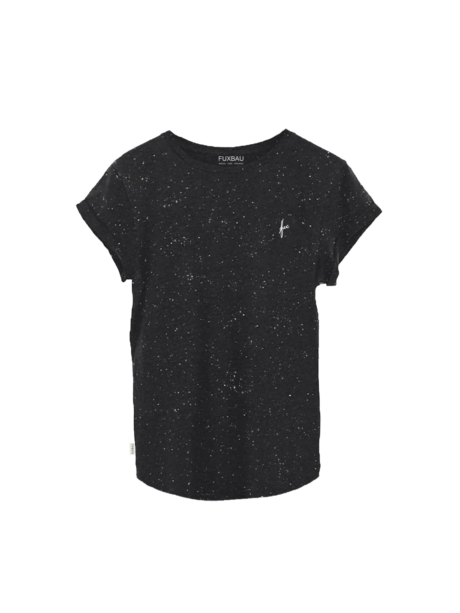 Nachhaltiges FUXBAU Fair Fashion Frauen T-Shirt in Bordeaux mit weißem fux Stick aus GOTS zertifizierter Biobaumwolle in schwarz mit weißen punkten.