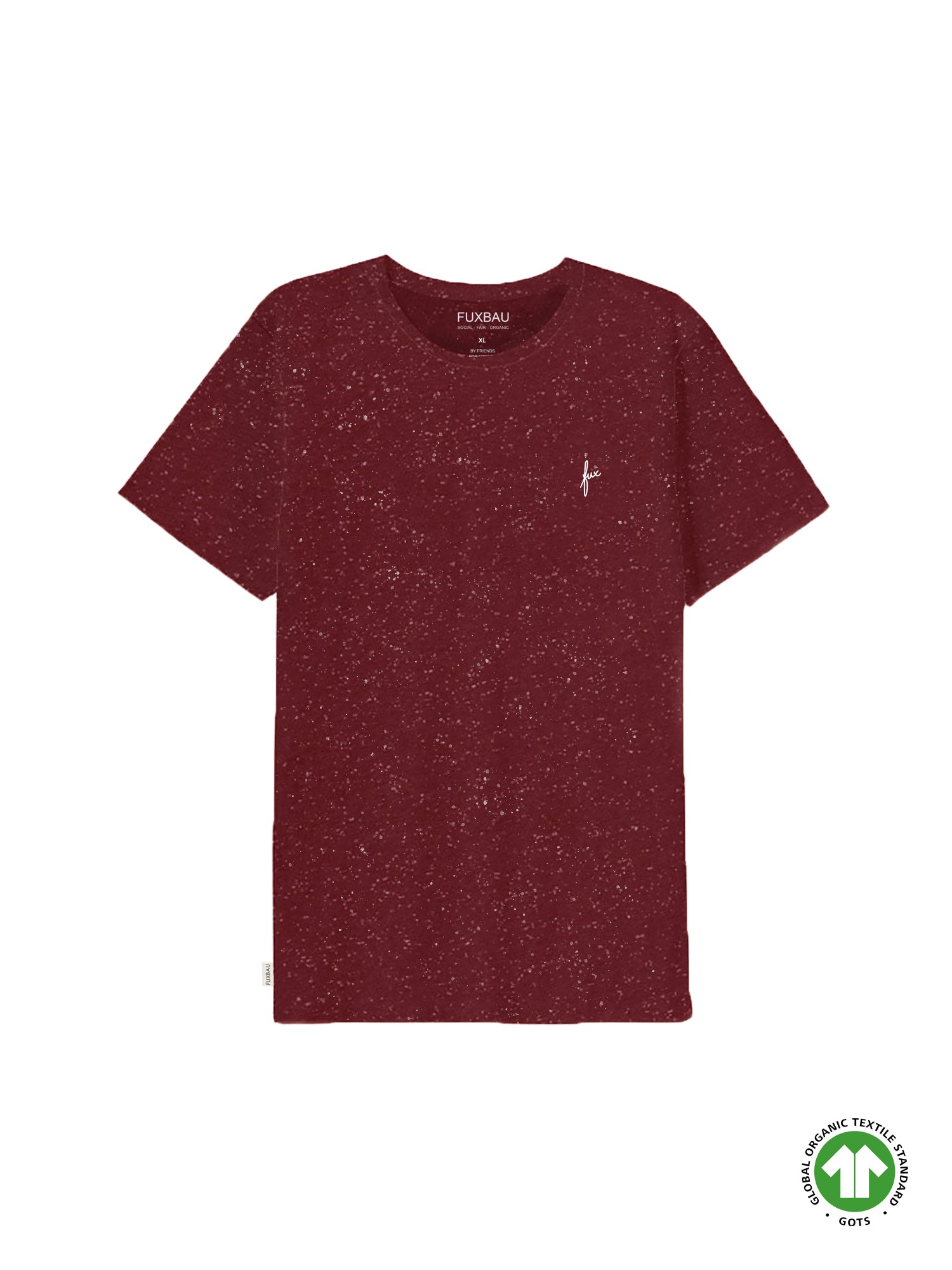 Nachhaltiges FUXBAU Fair Fashion Männer T-Shirt in Bordeaux mit weißem fux Stick aus GOTS zertifizierter Biobaumwolle in bordeaux mit weißen punkten.