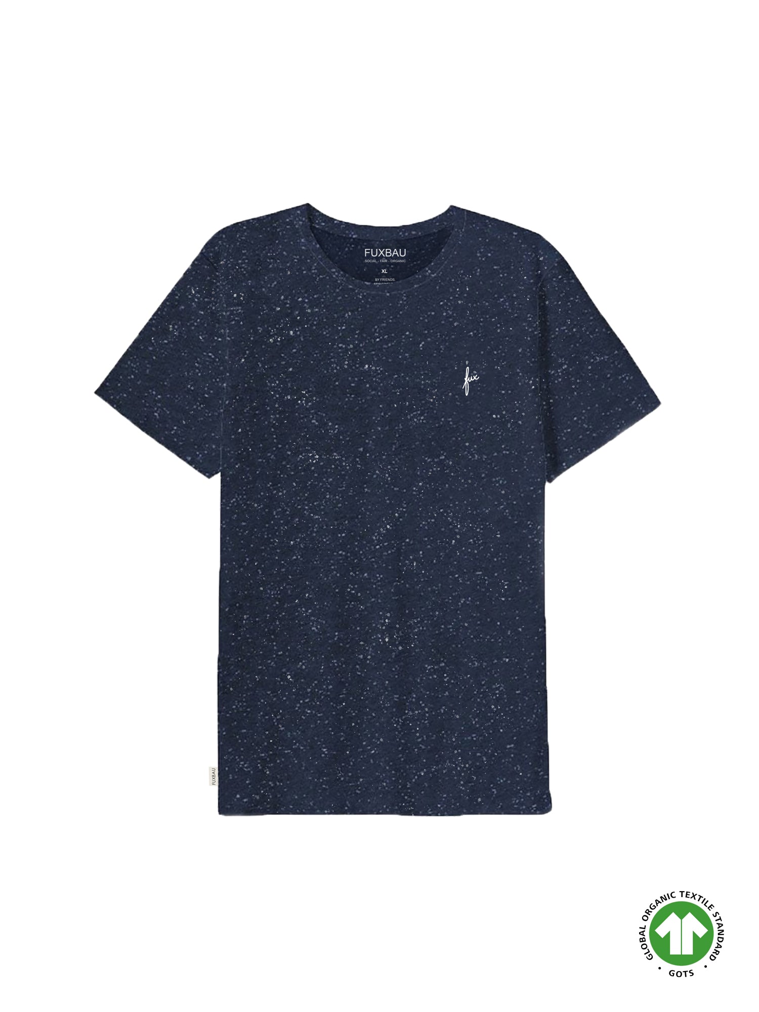 Nachhaltiges FUXBAU Fair Fashion Männer T-Shirt in navy mit weißem fux Stick aus GOTS zertifizierter Biobaumwolle in schwarz mit weißen punkten.