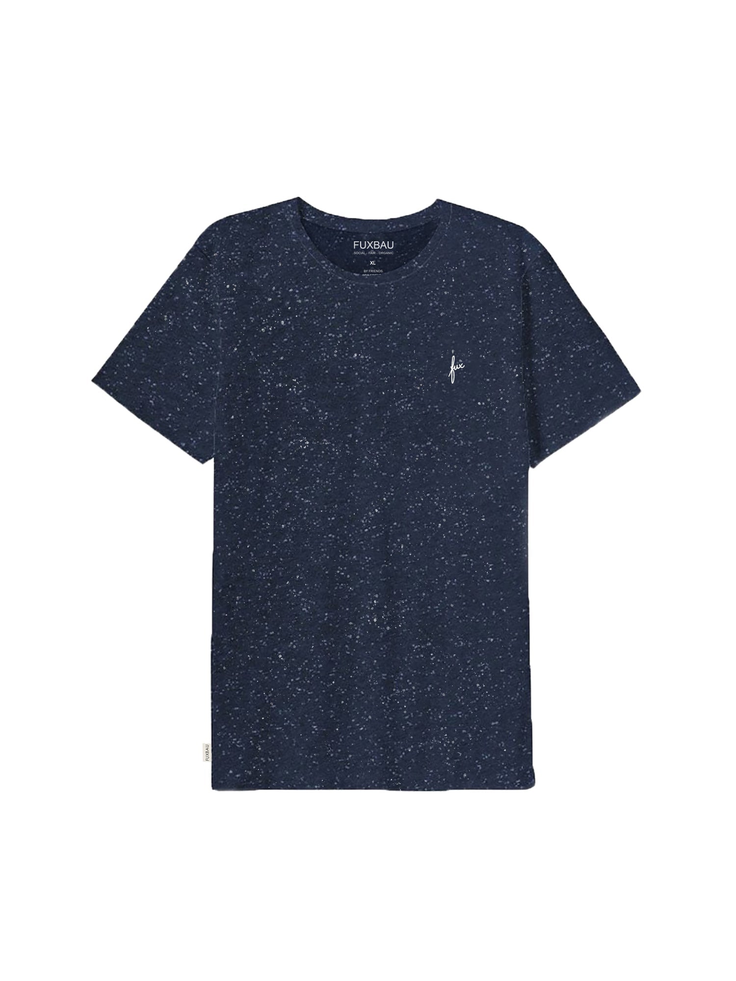 Nachhaltiges FUXBAU Fair Fashion Männer T-Shirt in navy mit weißem fux Stick aus GOTS zertifizierter Biobaumwolle in schwarz mit weißen punkten.