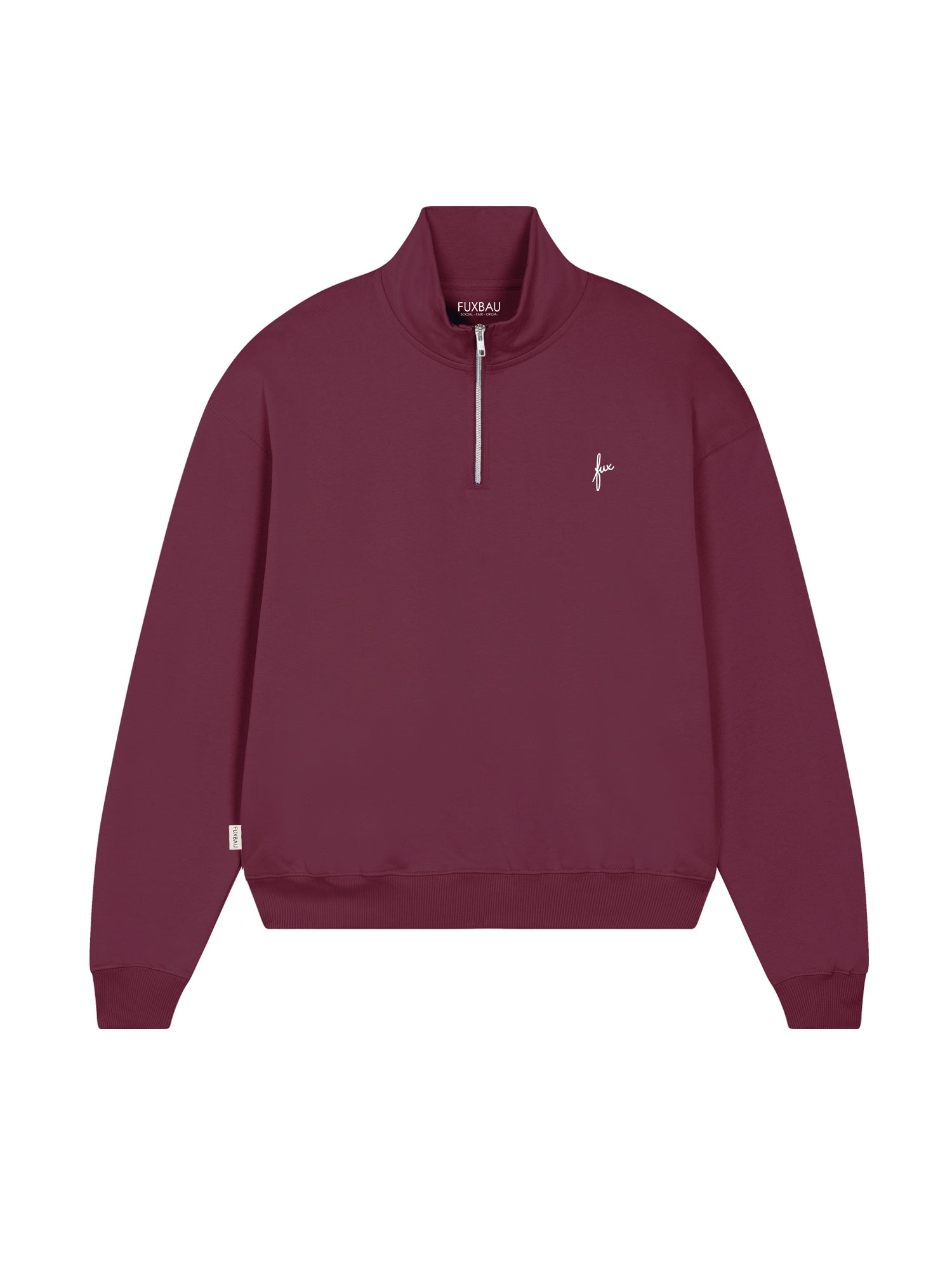 FUXBAU Frauen Half-Zip Sweater in Bordeaux – nachhaltiger Pullover aus 100% Biobaumwolle, fair produziert in Portugal.