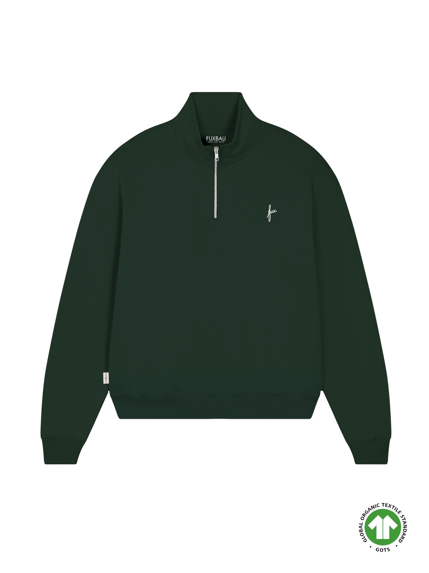 Nachhaltiger Fair Fashion Frauen Half Zip Sweater von FUXBAU in grün mit YKK Reissverschluss aus Biobaumwolle und Viscose gefertigt in Deutschland.