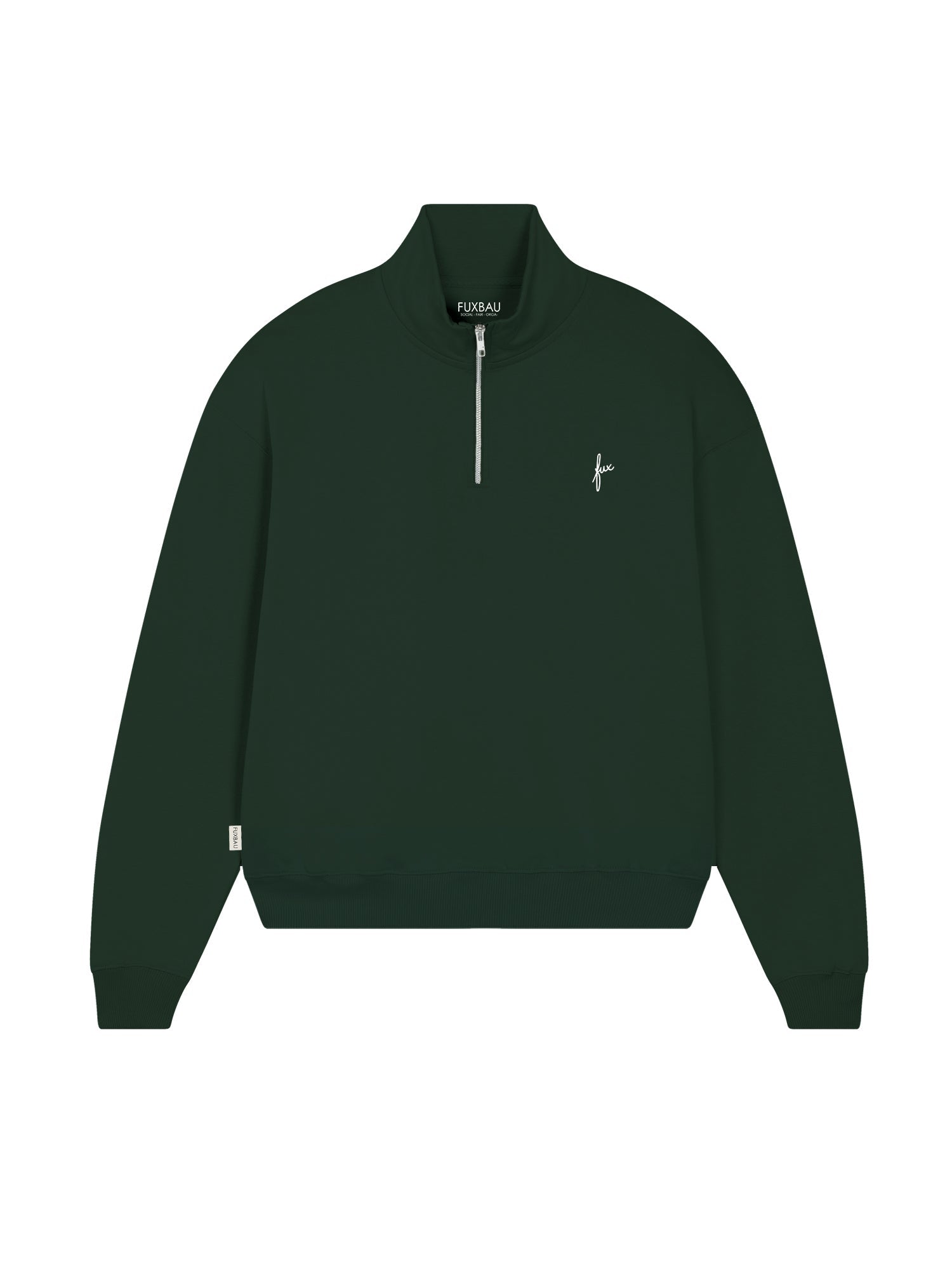 Nachhaltiger Fair Fashion Frauen Half Zip Sweater von FUXBAU in grün mit YKK Reissverschluss aus Biobaumwolle und Viscose gefertigt in Deutschland.