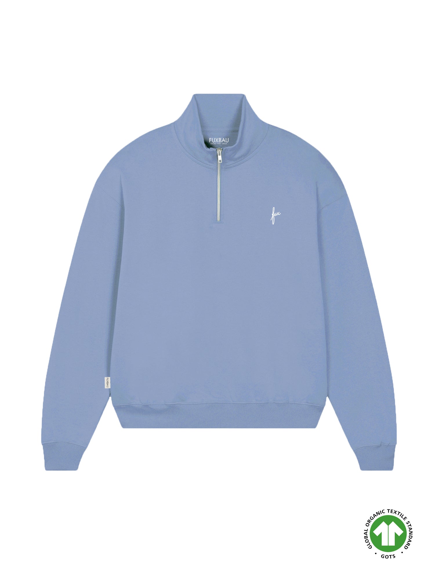 Nachhaltiger und fairer Frauen fux Half Zip Sweater in hellblau aus 100% GOTS zertifizierter Biobaumwolle und made in Portugal.