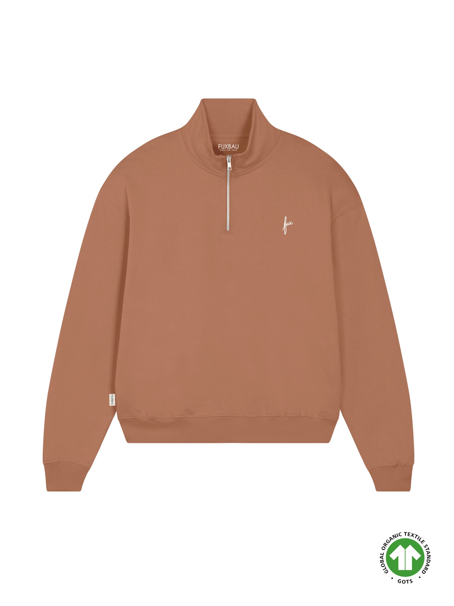 Nachhaltiger und fairer Frauen fux Half Zip Sweater in karamell aus 100% GOTS zertifizierter Biobaumwolle und made in Portugal.