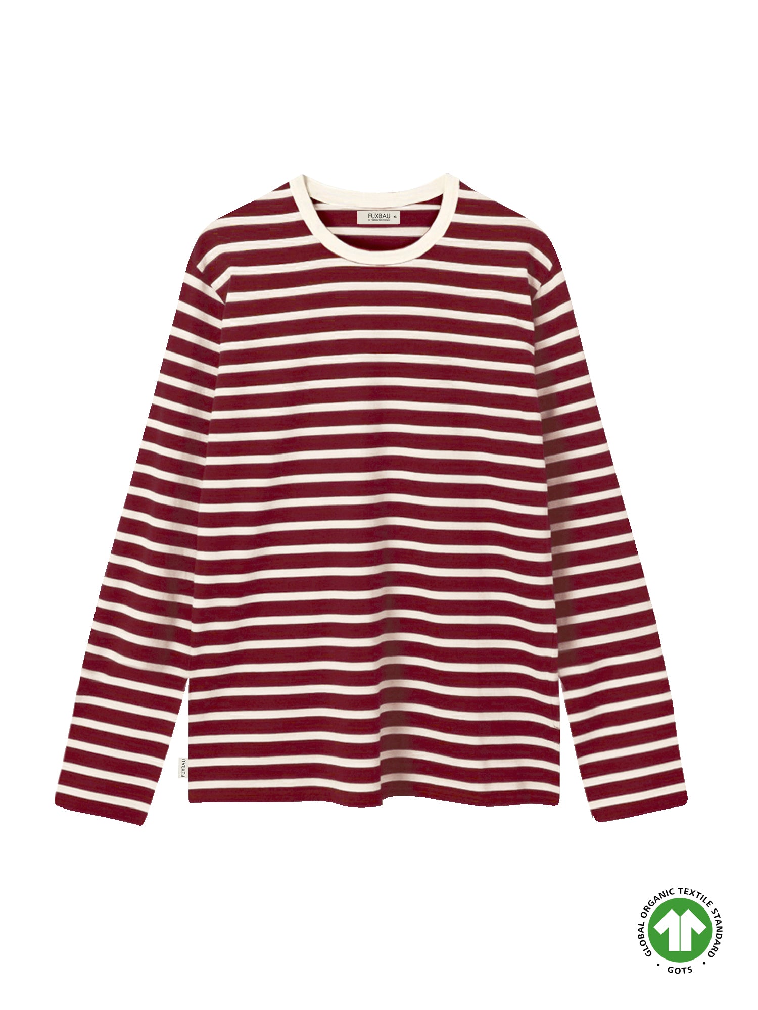 FUXBAU Fair Fashion Frauen Streifen Longsleeve in creme bordeaux aus 100% GOTS zertifizierter Biobaumwolle.