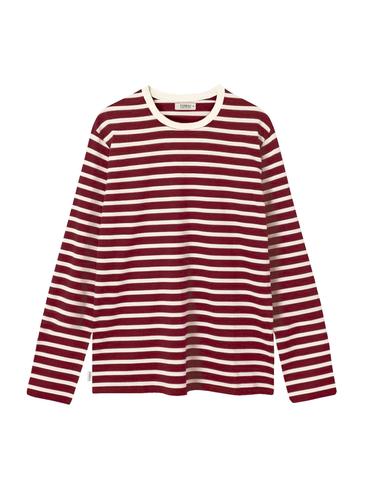 FUXBAU Fair Fashion Frauen Streifen Longsleeve in creme bordeaux aus 100% GOTS zertifizierter Biobaumwolle.