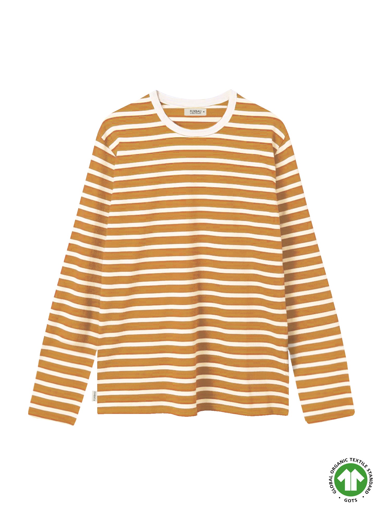 FUXBAU Fair Fashion Frauen Streifen Longsleeve in creme senf aus 100% GOTS zertifizierter Biobaumwolle.