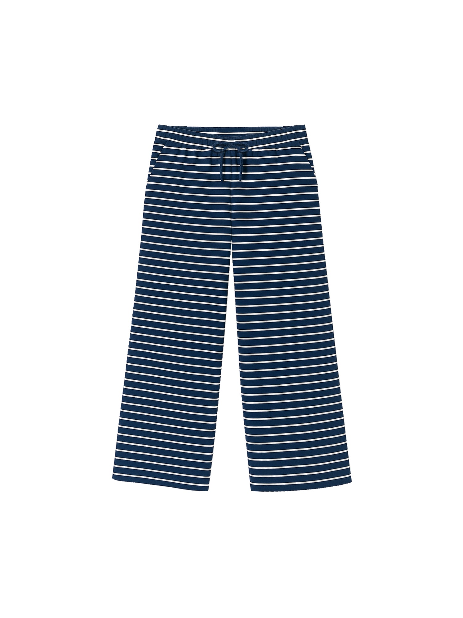 Nachhaltige fair Fashion gestreifte Frauen Hose in navy weiß aus 100% GOTS zertifizierter Biobaumwolle und made in Portugal von FUXBAU