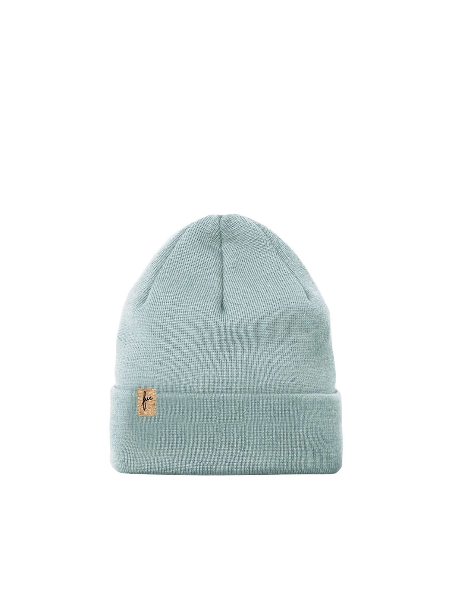 Nachhaltige Fair Fashion Merino Kork Beanie made in Germany in seegrün für kKinder aus 100% Merinowolle und dezentem fux Kork Patch