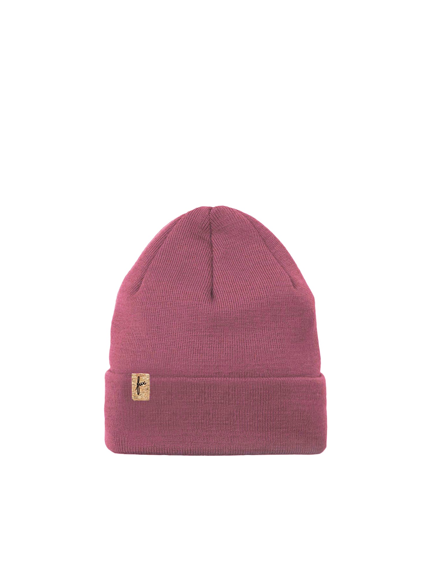 Nachhaltige Fair Fashion Merino Kork Beanie made in Germany in weinrot für kKinder aus 100% Merinowolle und dezentem fux Kork Patch