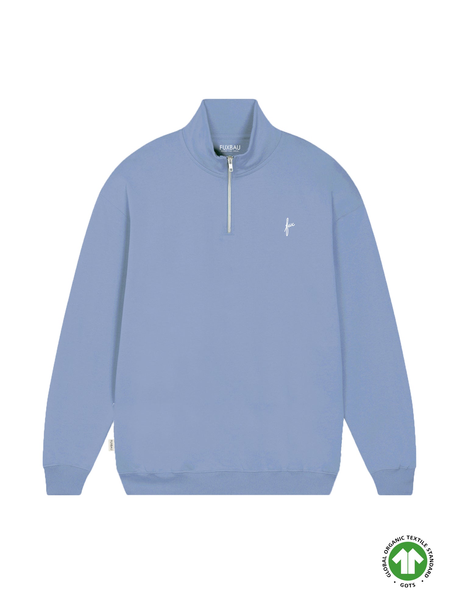 Nachhaltiger und fairer Männer fux Half Zip Sweater in hellblau aus 100% GOTS zertifizierter Biobaumwolle und made in Portugal.
