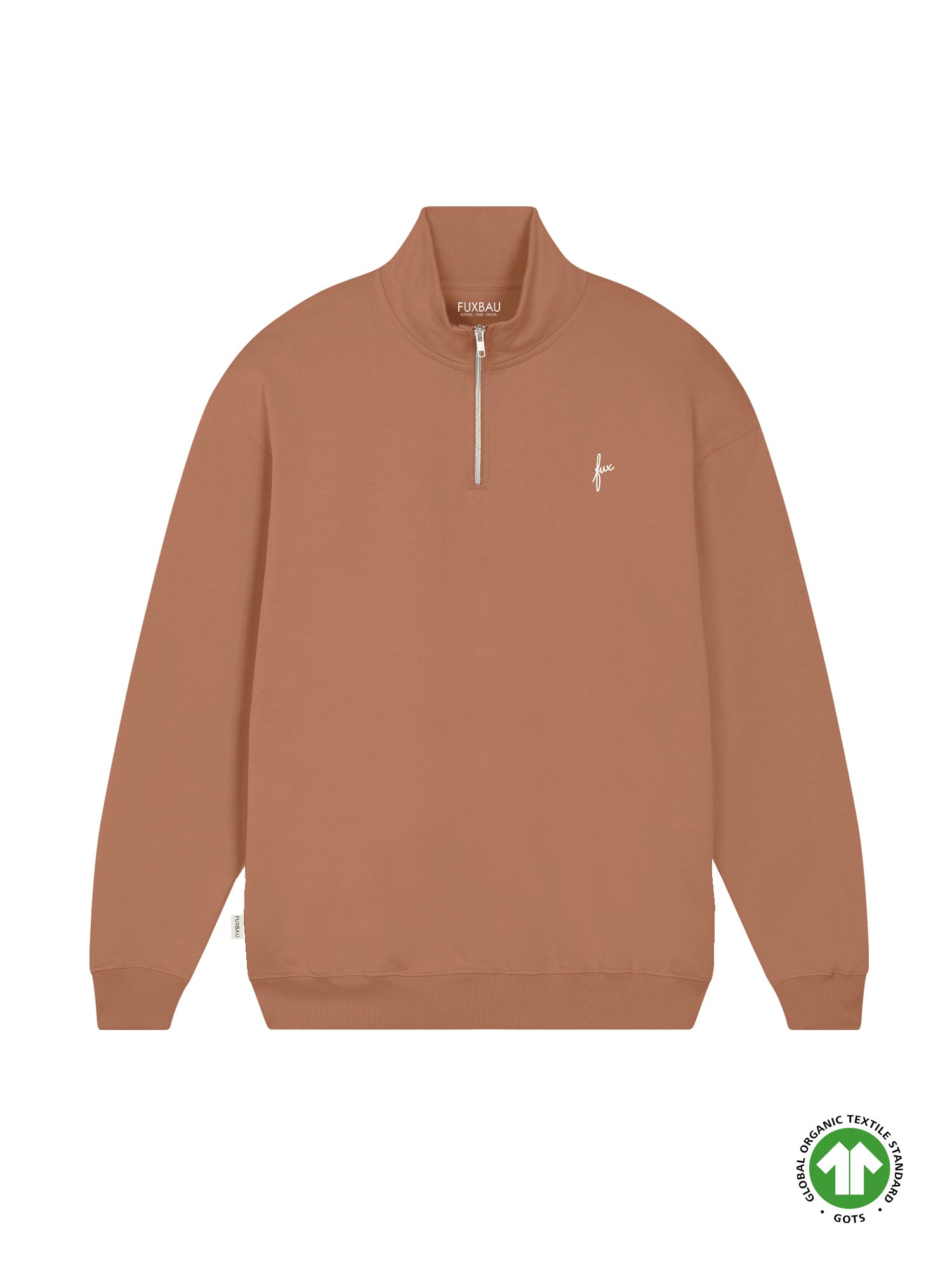 Nachhaltiger und fairer Männer fux Half Zip Sweater in karamell aus 100% GOTS zertifizierter Biobaumwolle und made in Portugal.