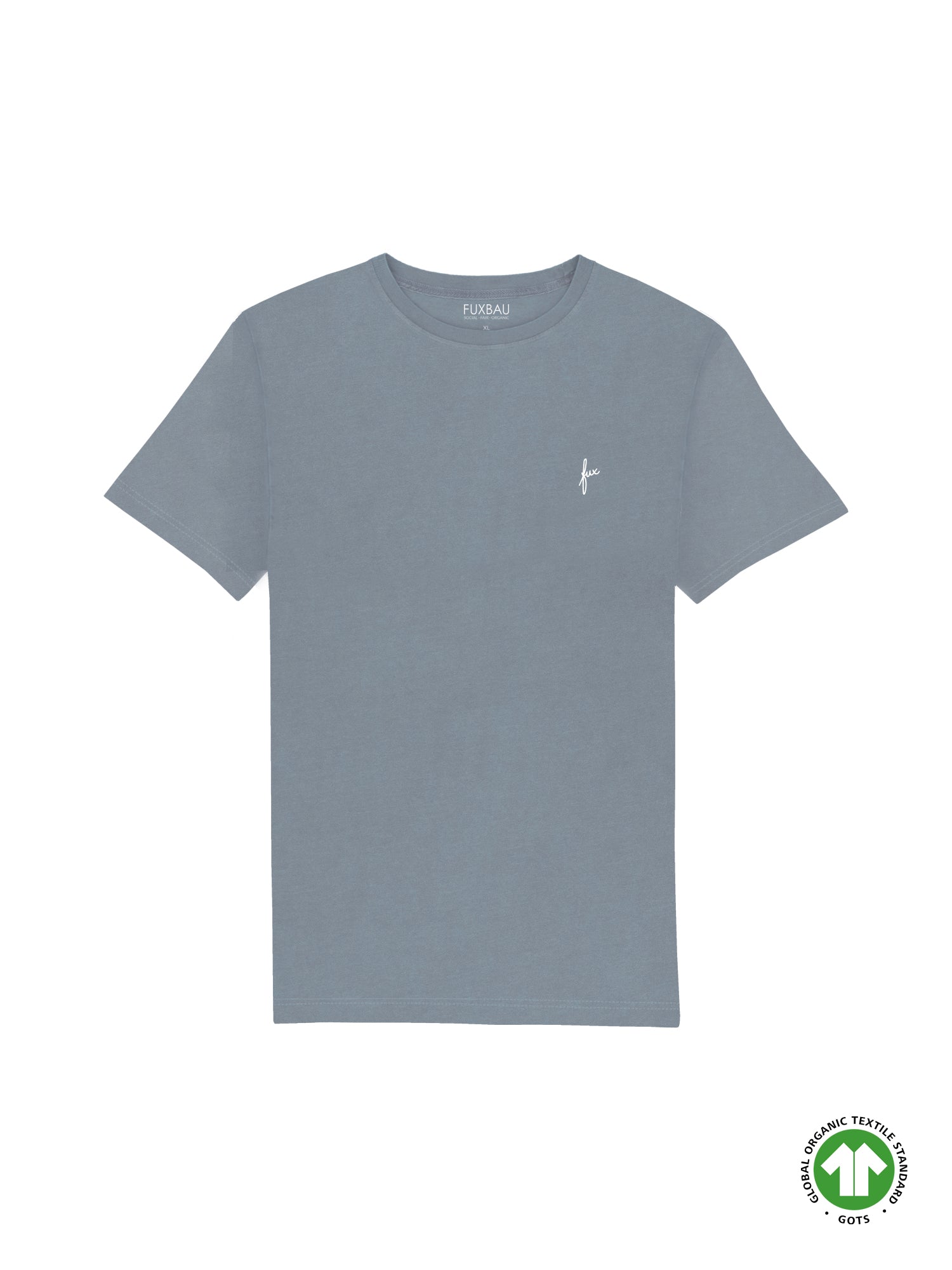 Männer T-Shirt in Natural Dye blaugrau von FUXBAU aus 100% GOTS zertifizierter Biobaumwolle und made in Portugal. Färbung mit natürlichen Farbpigmenten .