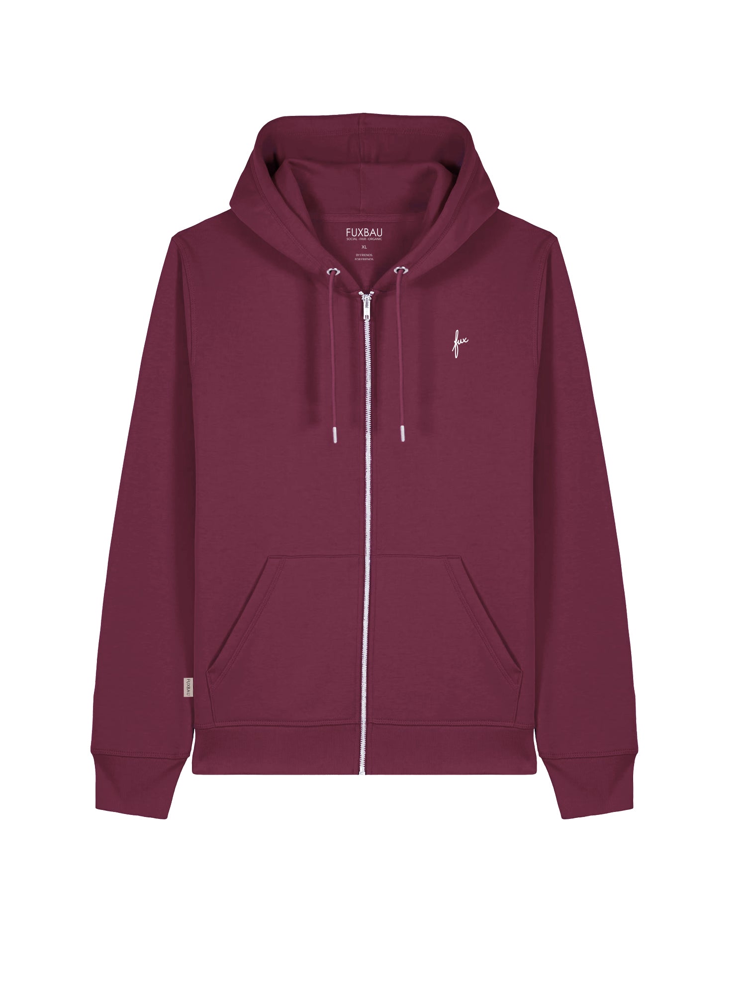 FUXBAU Unisex Sweatjacke in bordeaux aus 100% Biobaumwolle, GOTS zertifiziert und made in Portugal