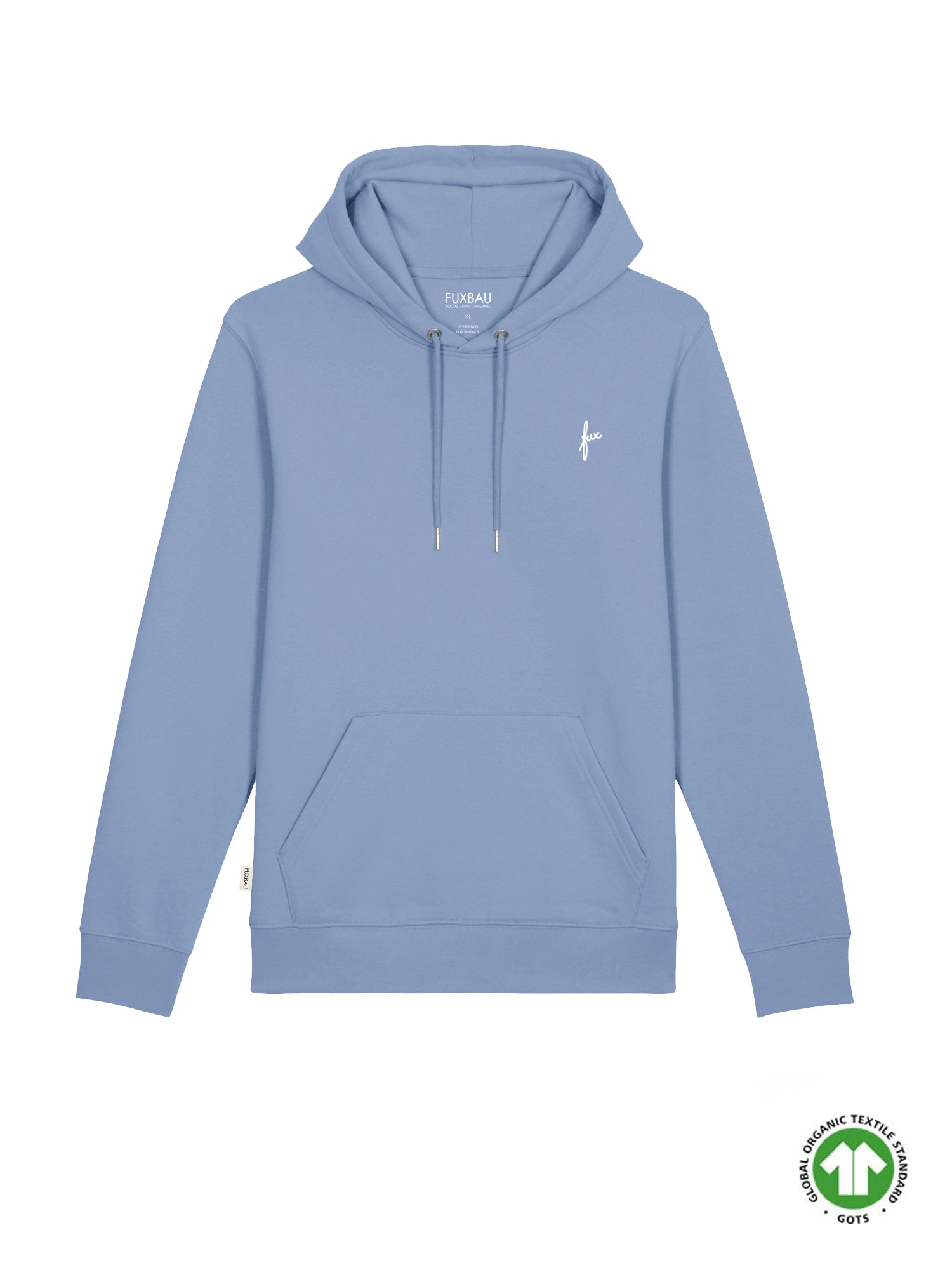 FUXBAU Fair Fashion fux Hoodie in hellblau aus 100% GOTS zertifizierter Biobaumwolle und Made in Portugal