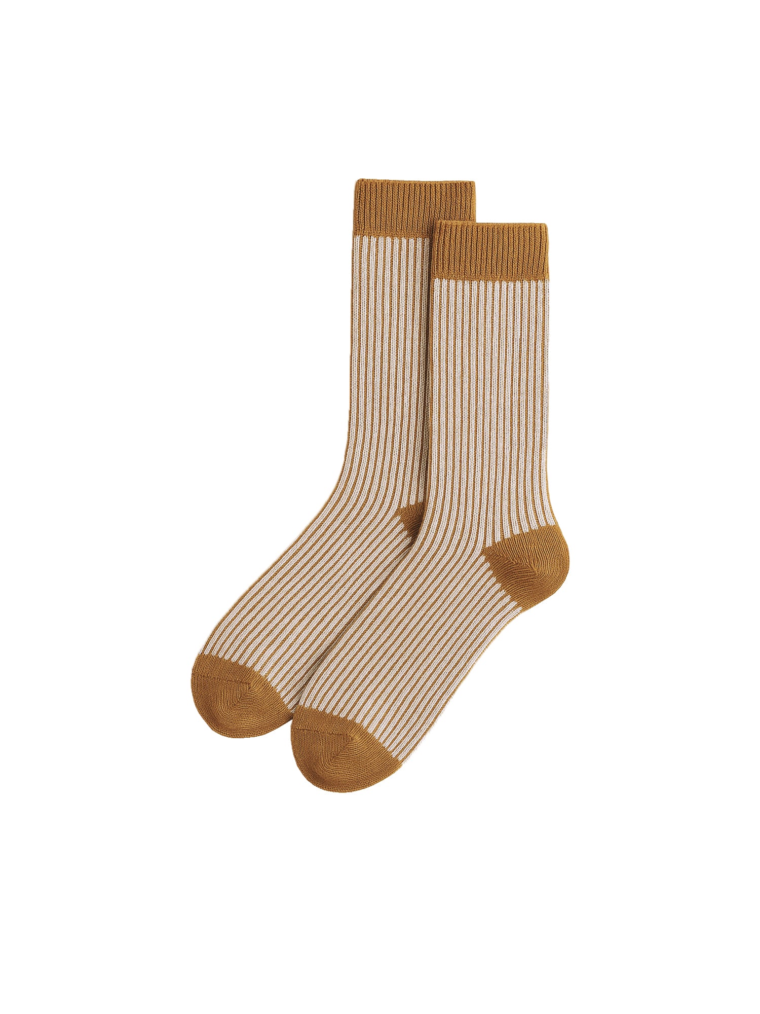 Nachhaltige und hochwertige gestreifte Jacquard Socken in creme senf aus Biobaumwolle, GOTS zertifiziert und Made in Portugal