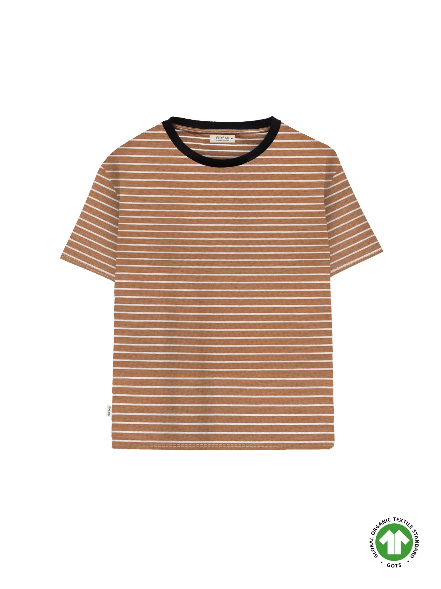 Nachhaltiges Gestreiftes Frauen T-Shirt in karamell von FUXBAU aus 100% GOTS zertifizierter Biobaumwolle made in Portugal
