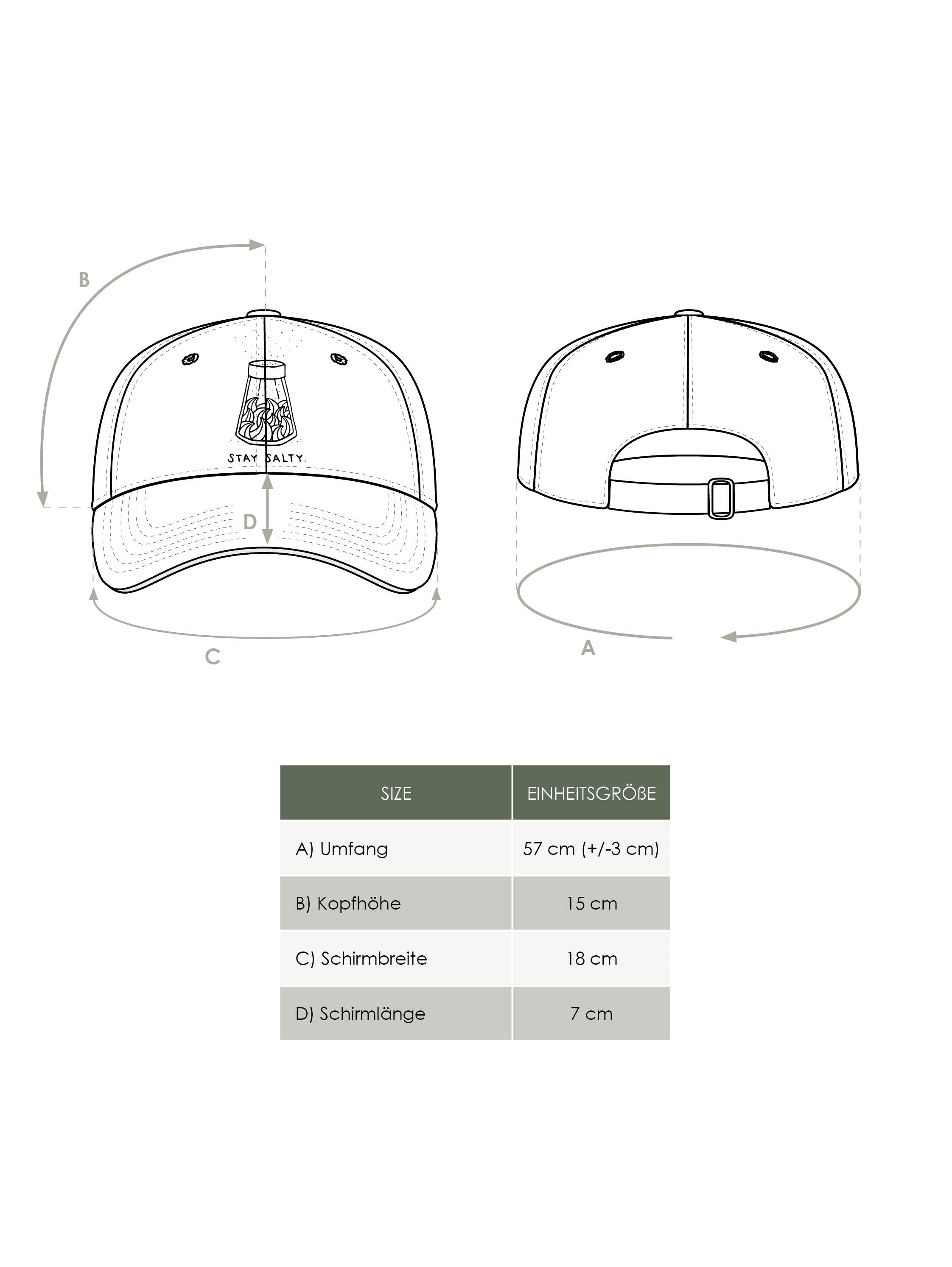 Maßtabelle FUXBAU Unisex Produkt Stay Salty Dad Cap aus 100% Biobaumwolle und fair in Portugal hergestellt.