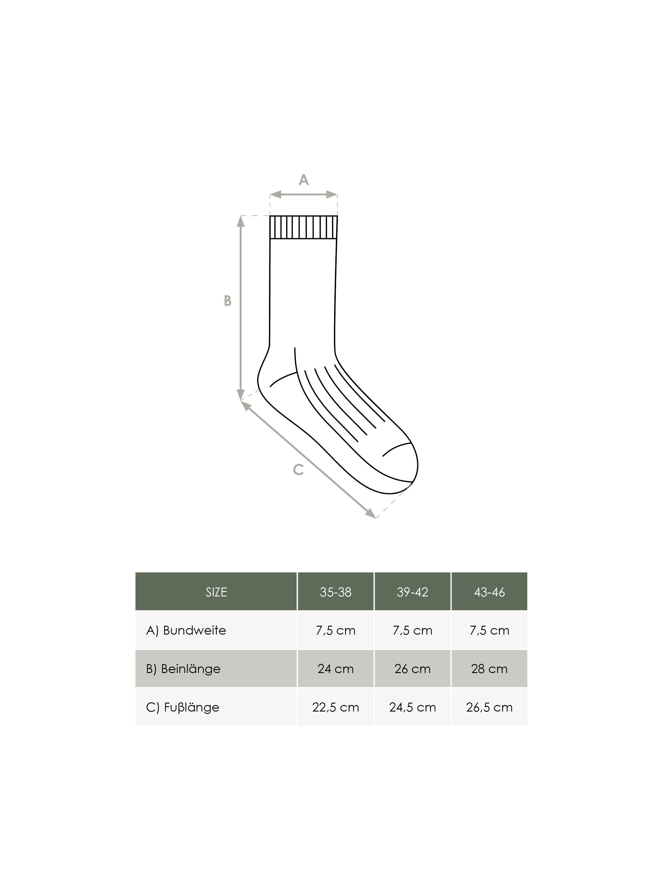 FUXBAU Produkt Maßtabelle Unisex Lange SOcken aus Biobaumwolle und fair hergestellt