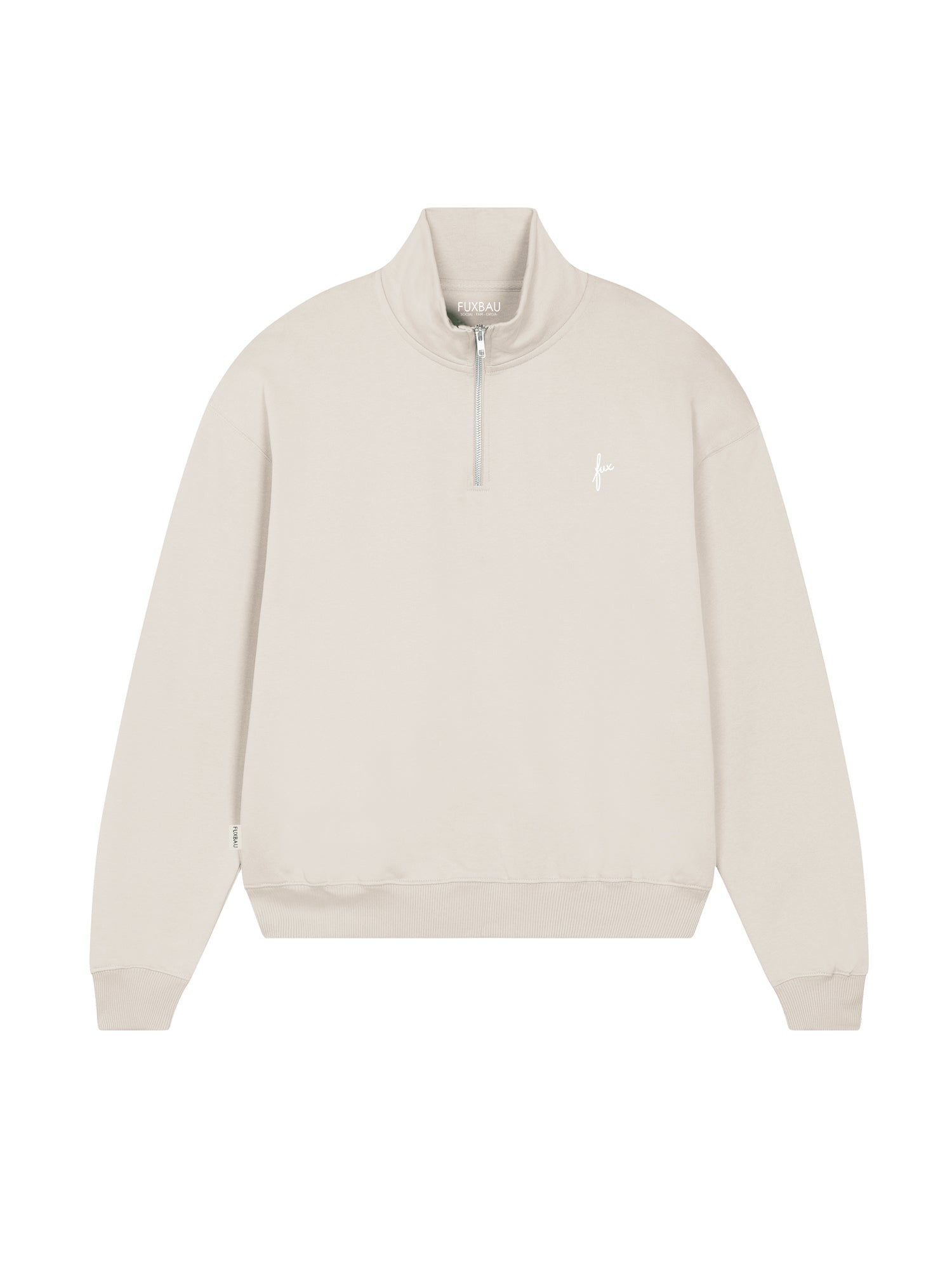 FUXBAU Frauen Half Zip Sweater beige aus GOTS Bio-Baumwolle hergestellt in Portugal