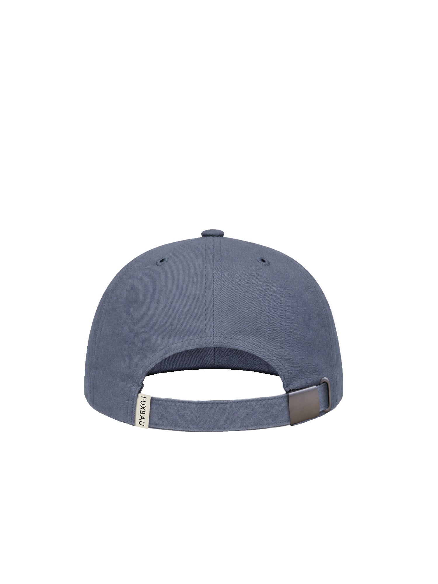 Rückseite einer nachhaltigen FUXBAU Dad Cap in blaugrau aus 100% Biobaumwolle und fair in Europa hergestellt.