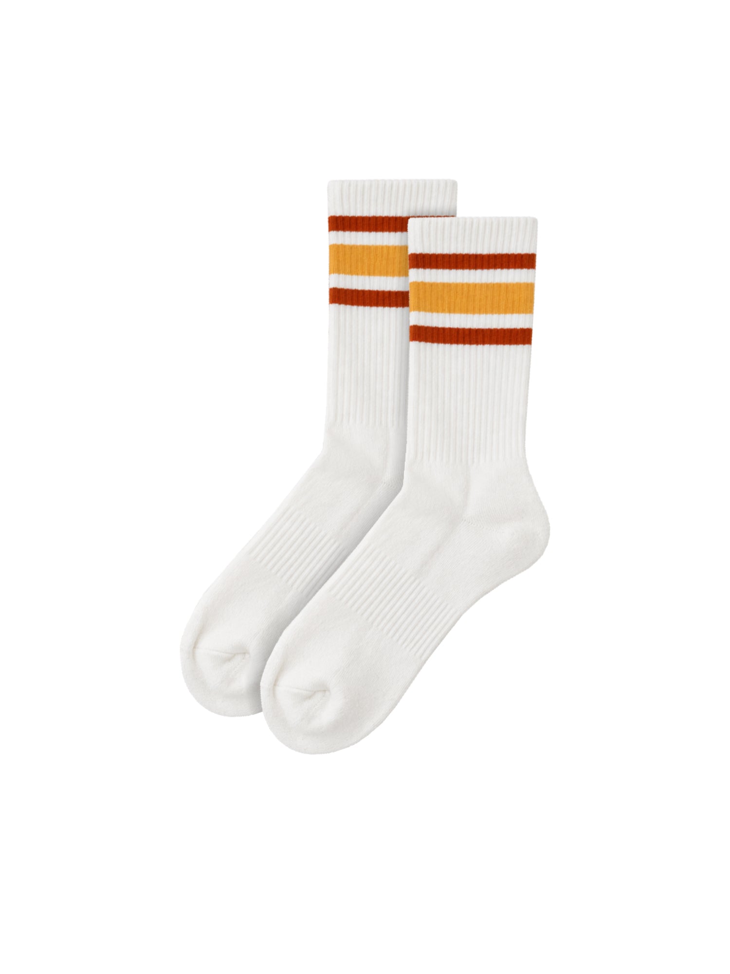 Nachhaltige Unisex Retro Tennissocken creme mit orange und gelben Streifen aus Biobaumwolle und fair in Portugal hergestellt
