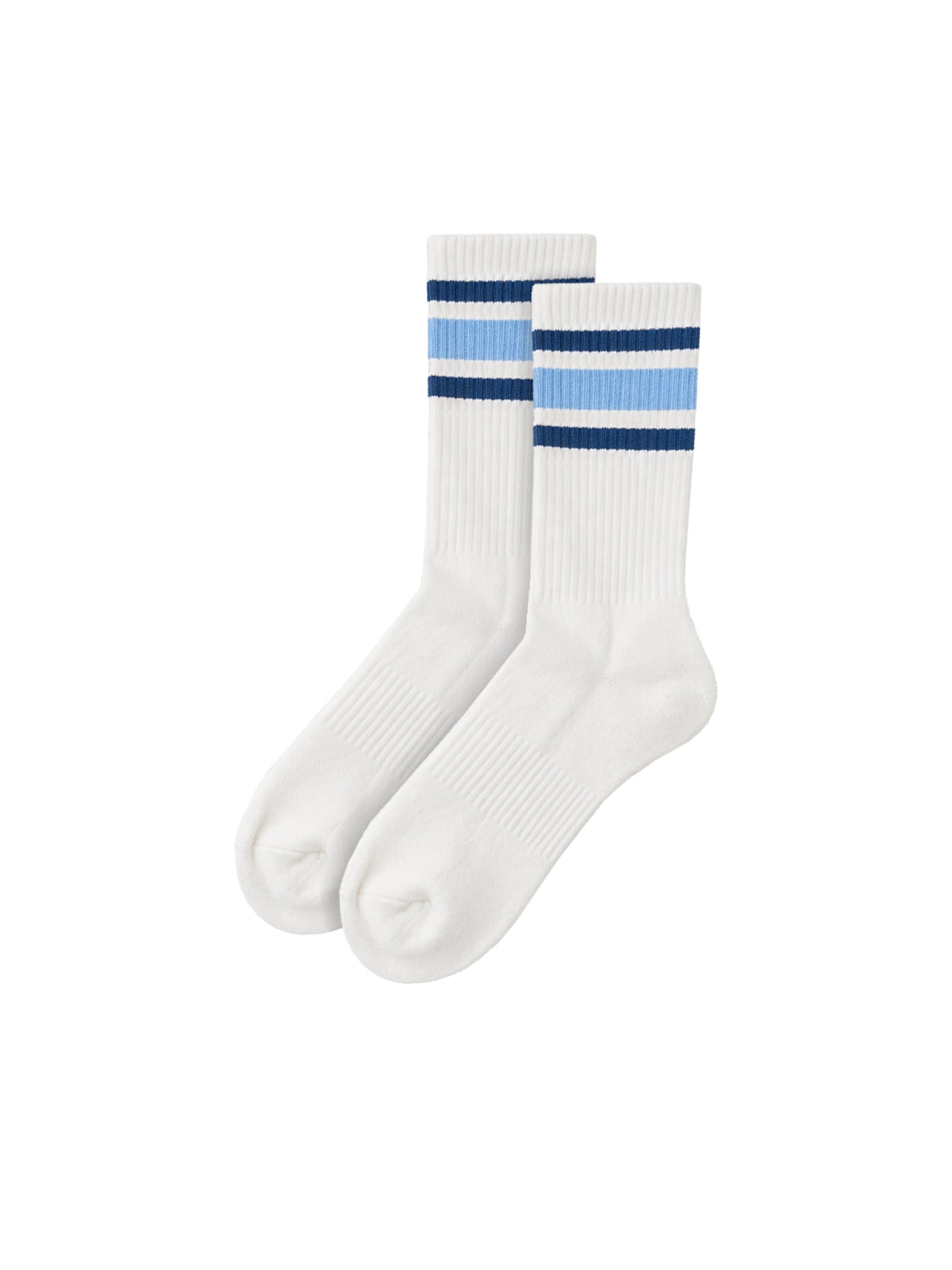 Nachhaltige Unisex Retro Tennissocken creme mit petrol und blauen Streifen aus Biobaumwolle und fair in Portugal hergestellt