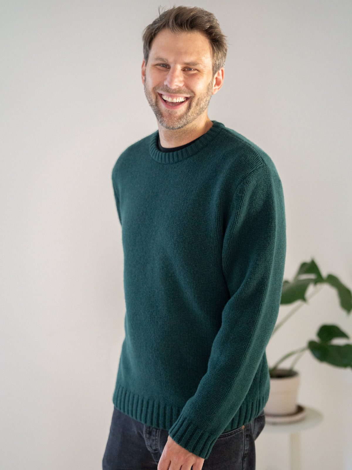 Männer Strickpullover grün aus 100% Merinowolle, gestrickt in Deutschland – Vorderansicht mit Rundhalsausschnitt und Rippbündchen