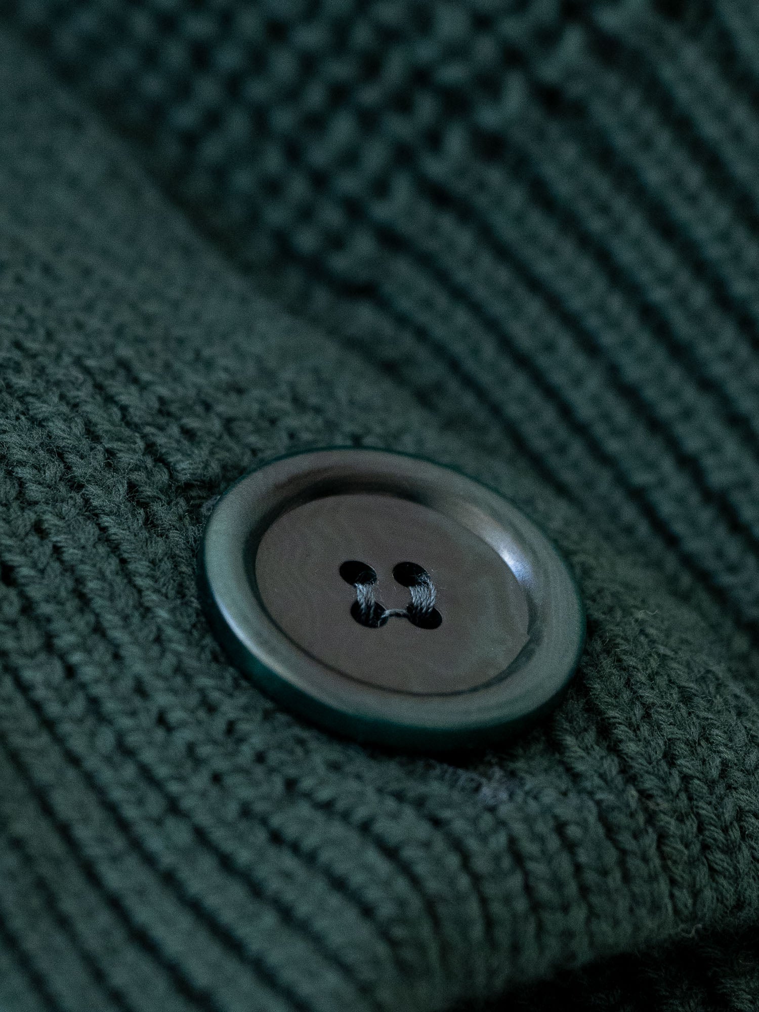 Detailansicht eines Steinnuss Knopfes von einer nachhaltigen FUXBAU Fair Fashion Strickjacke gefertigt in Italien in dunkelgrün.