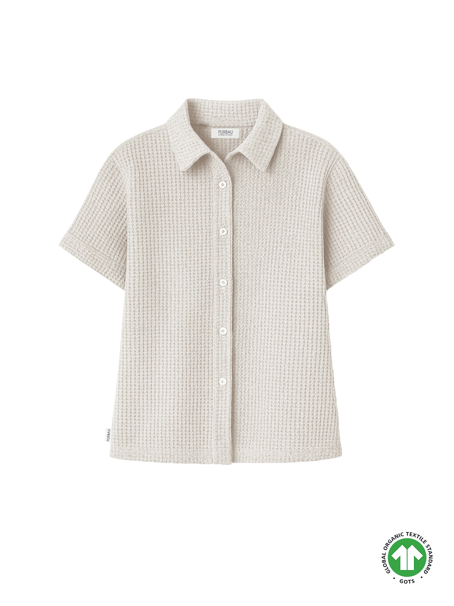 Freigestellte Damen Bluse aus Waffelstrick in beige – kurzärmlig, aus GOTS-zertifizierter Bio-Baumwolle, fair produziert von FUXBAU