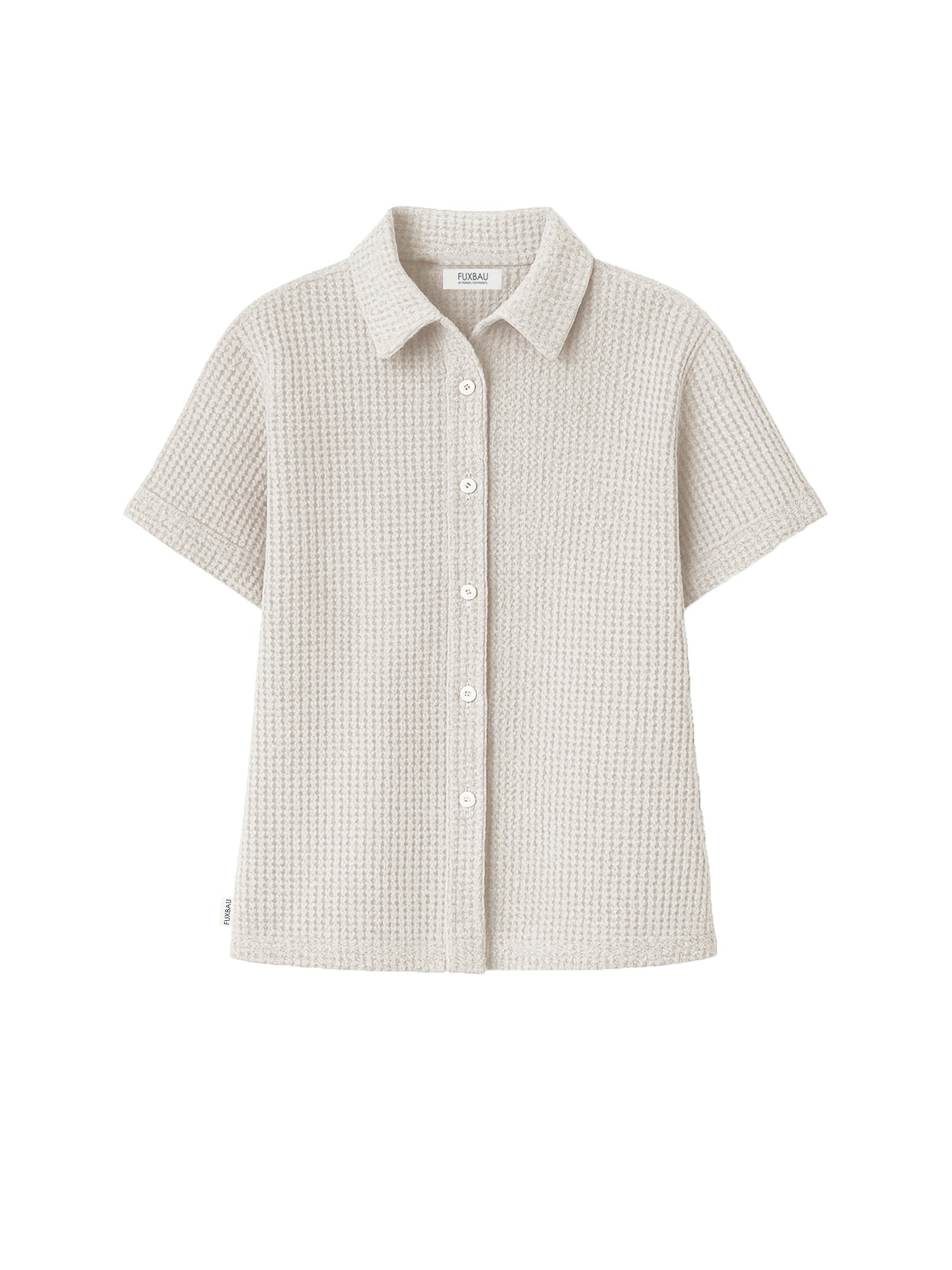 Freigestellte Damen Bluse aus Waffelstrick in beige – kurzärmlig, aus GOTS-zertifizierter Bio-Baumwolle, fair produziert von FUXBAU