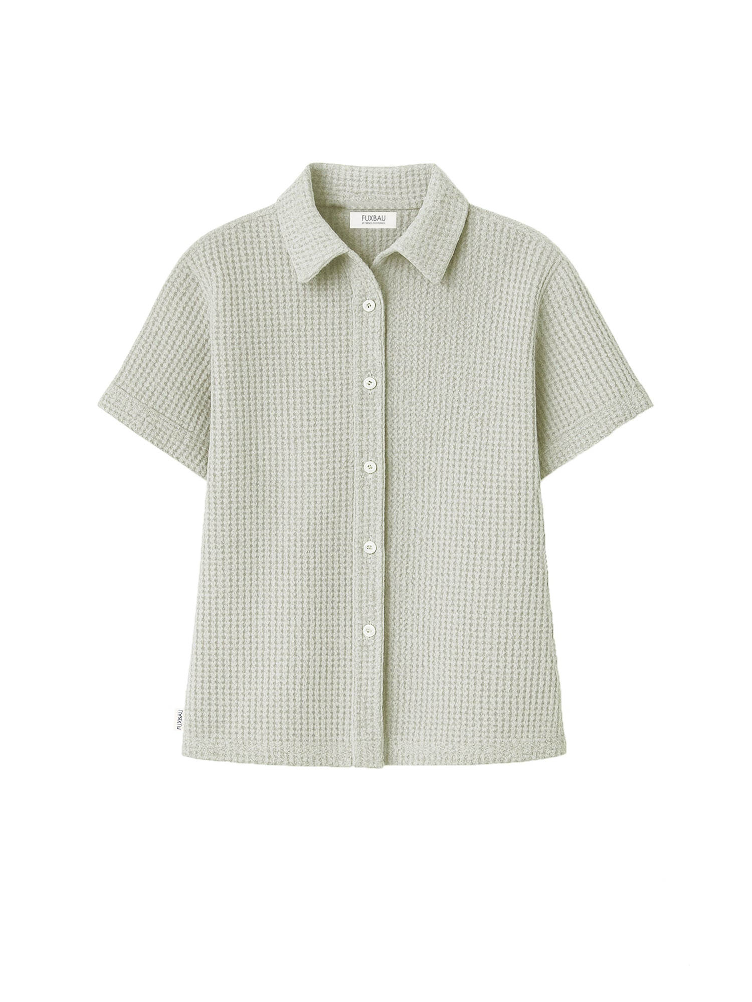 Freigestellte Damen Bluse aus Waffelstrick in Salbei – kurzärmlig, aus GOTS-zertifizierter Bio-Baumwolle, fair produziert von FUXBAU
